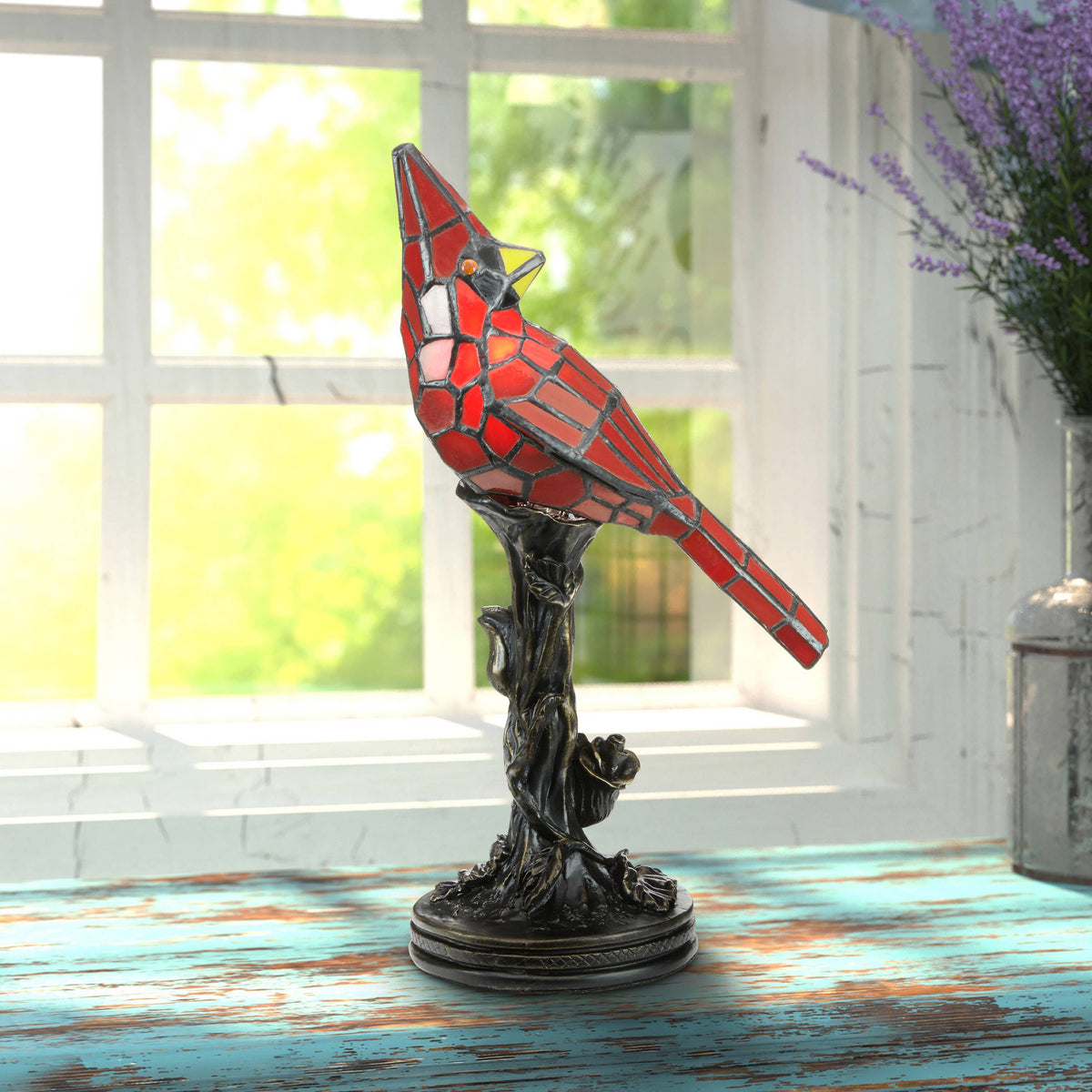 13.5" Skylar Cardinal Red Bird Stained Glass Accent Lamp