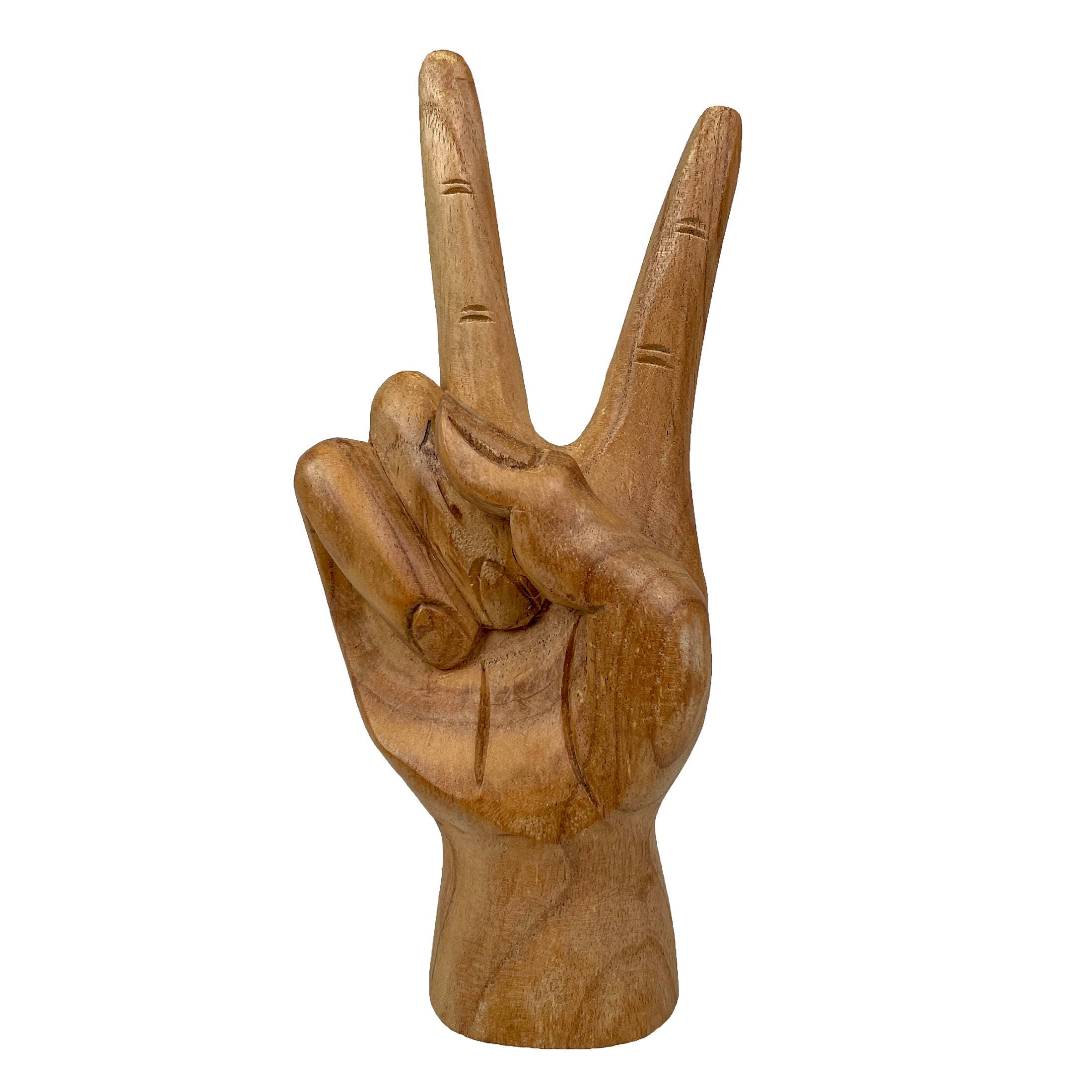 Carved Wood Peace Sign Hand Gesture Statue 7.75 Inch