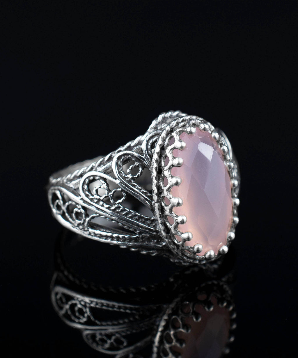 Art Pink Chalcedony Gemstone Angel Wings Women Silver Ring: Pink Chalcedony / 8
