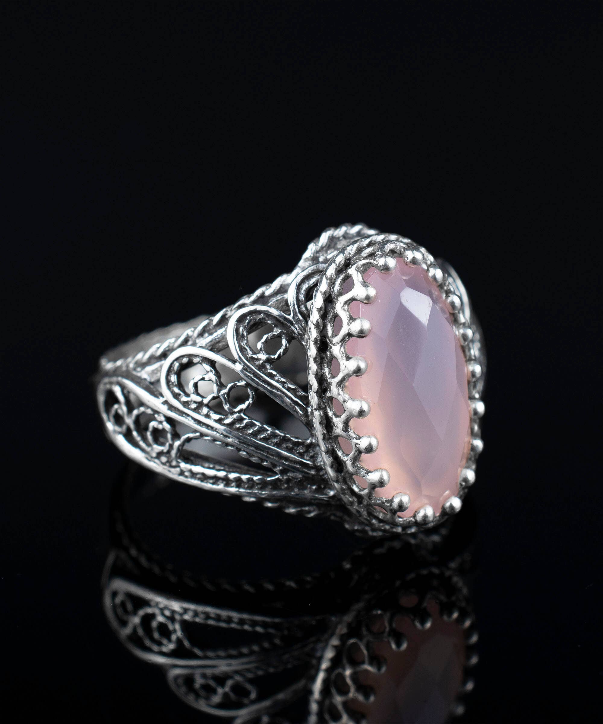 Art Pink Chalcedony Gemstone Angel Wings Women Silver Ring: Pink Chalcedony / 8