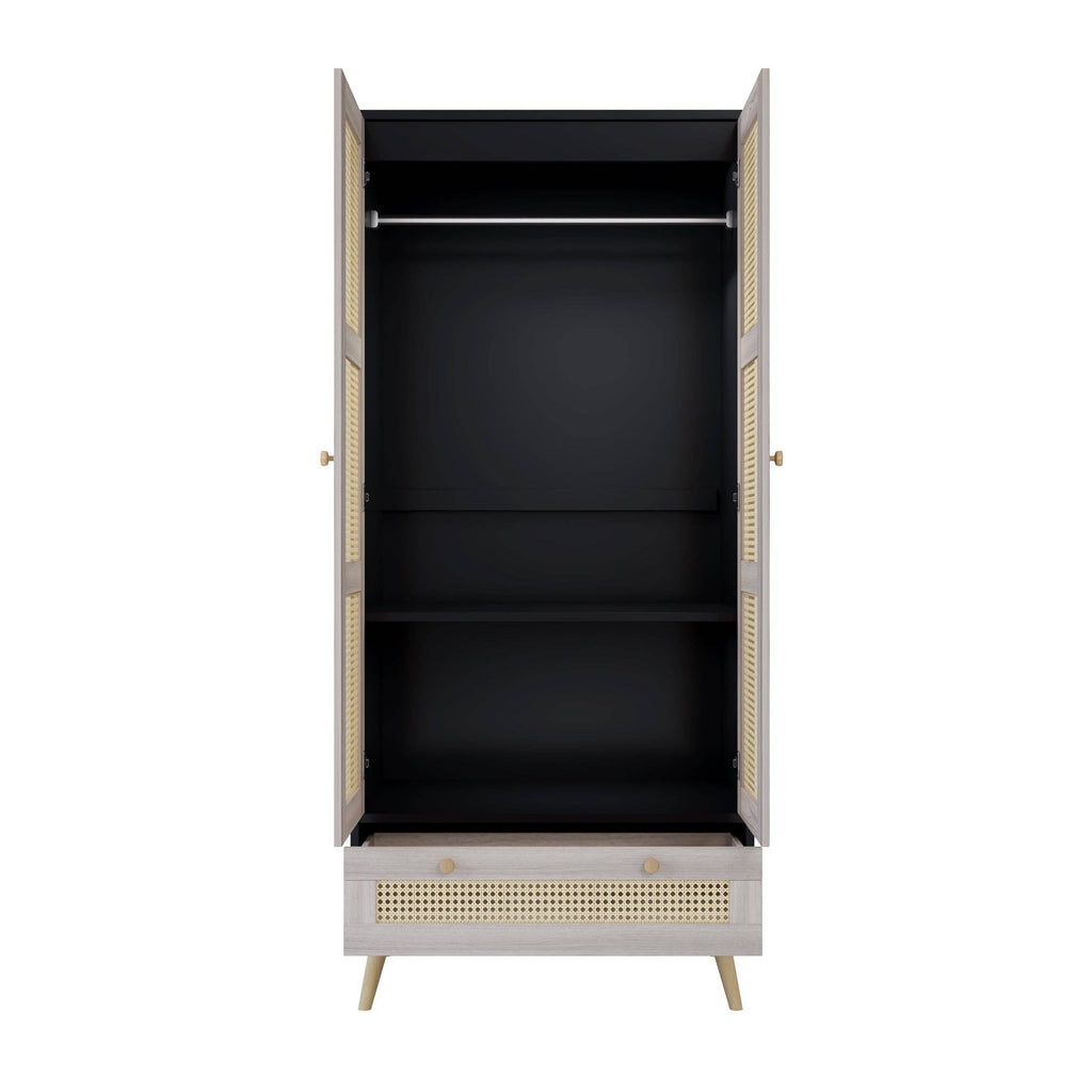 71inH Boho Rattan Armoire Wardrobe with Drawer Natural Black: Default