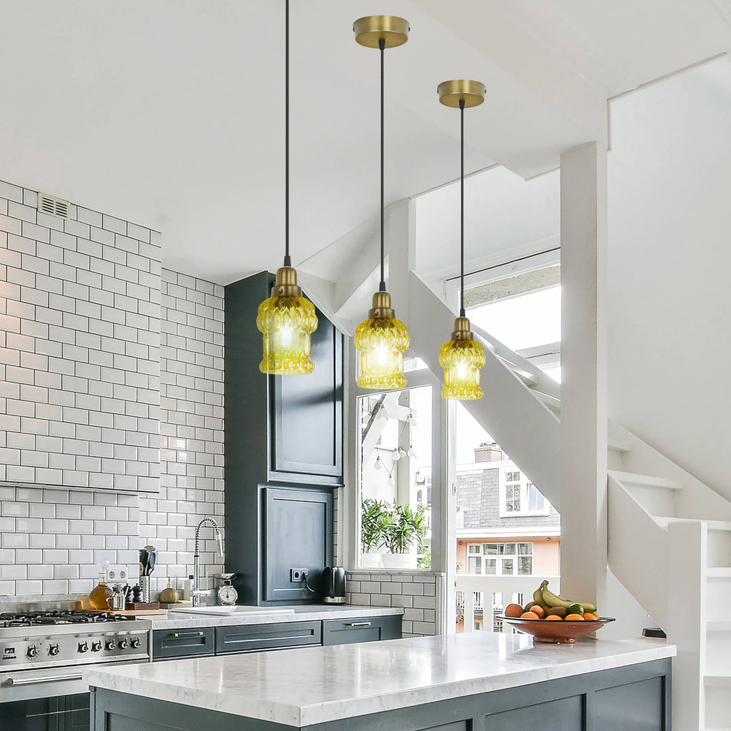 4.5"W 1-Light Gillian Glass and Metal Pendant: Yellow