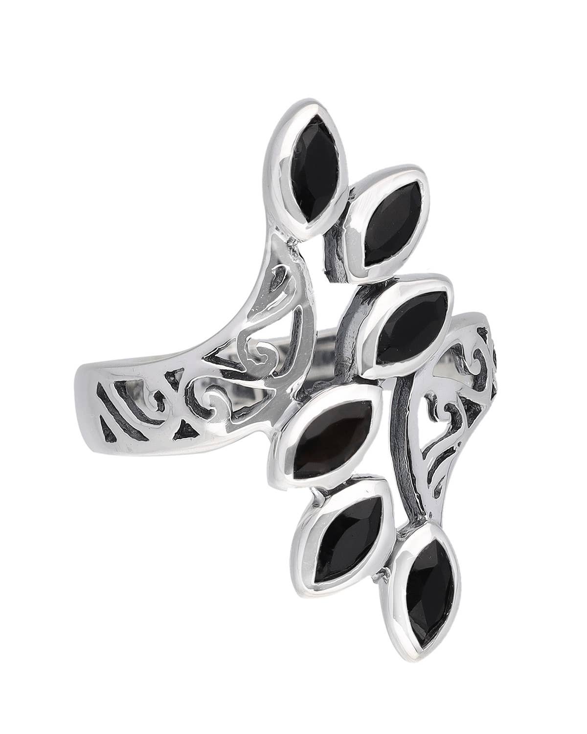 Black Onyx 925 Sterling Silver Leaf Design Ring: 9