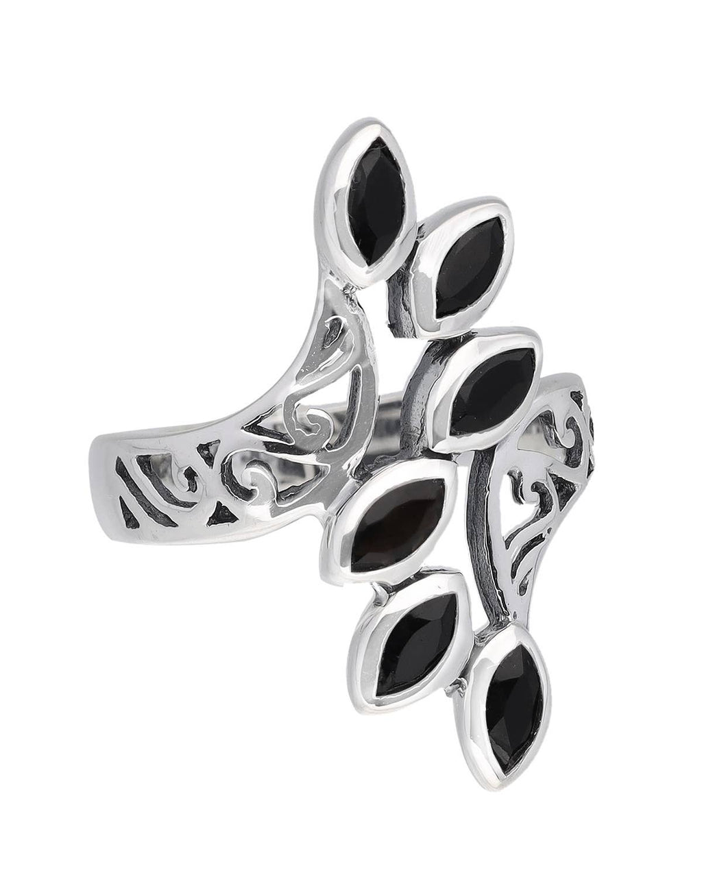 Black Onyx 925 Sterling Silver Leaf Design Ring: 7