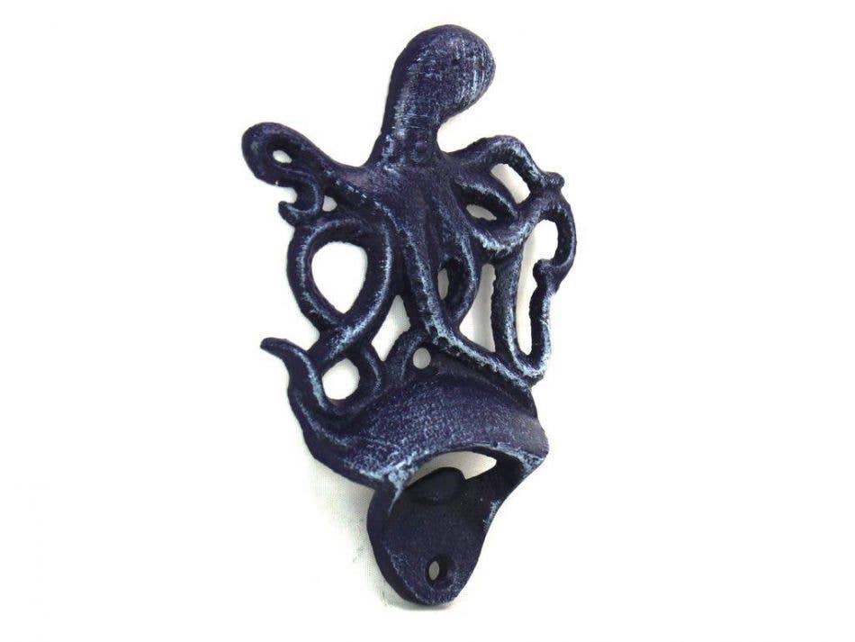Rustic Dark Blue Cast Iron Wall Mounted Octopus Bottle Opener 6"