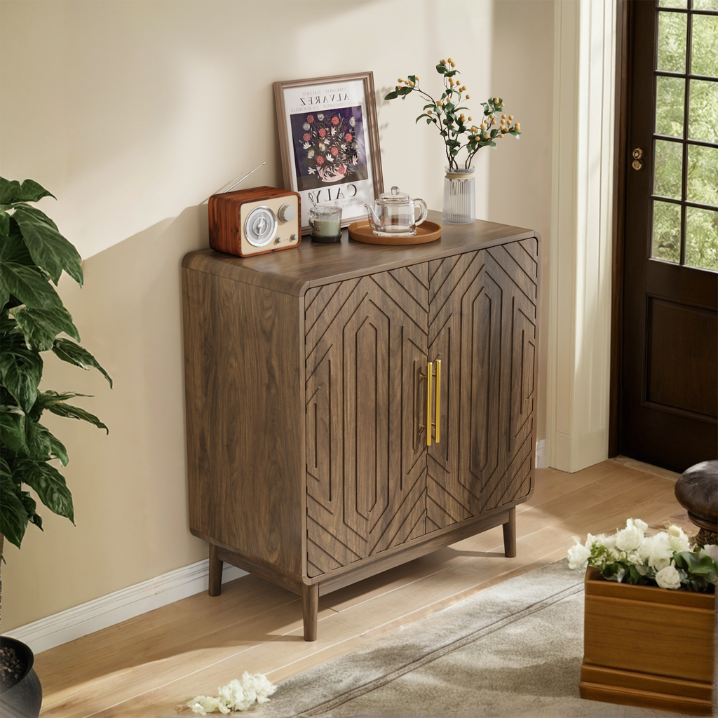 Retro Industrial Walnut Sideboard Buffet -2 Carved Doors: Default