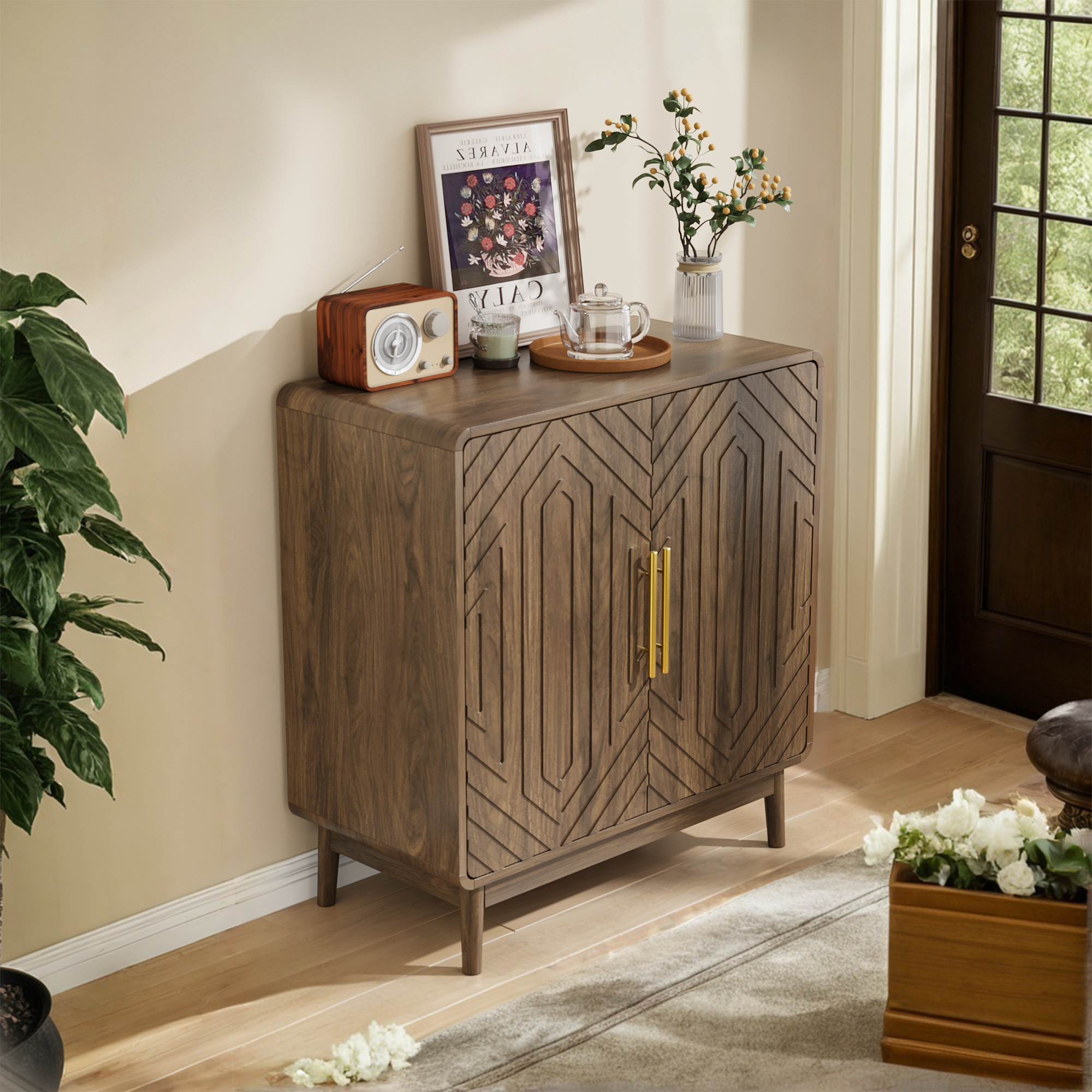 Retro Industrial Walnut Sideboard Buffet -2 Carved Doors: Default