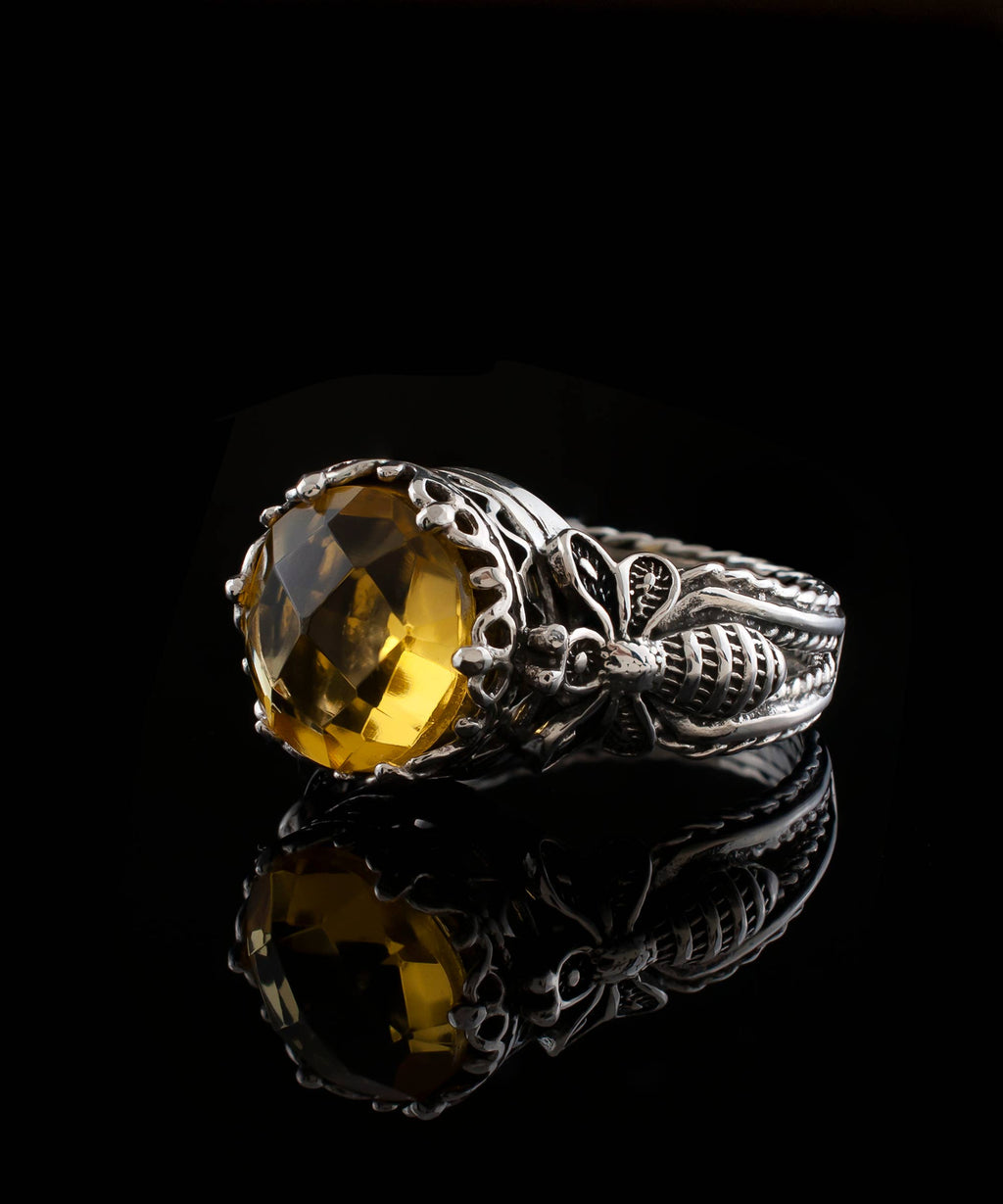 Art Bee Detailed Citrine Women Silver Ring: 7