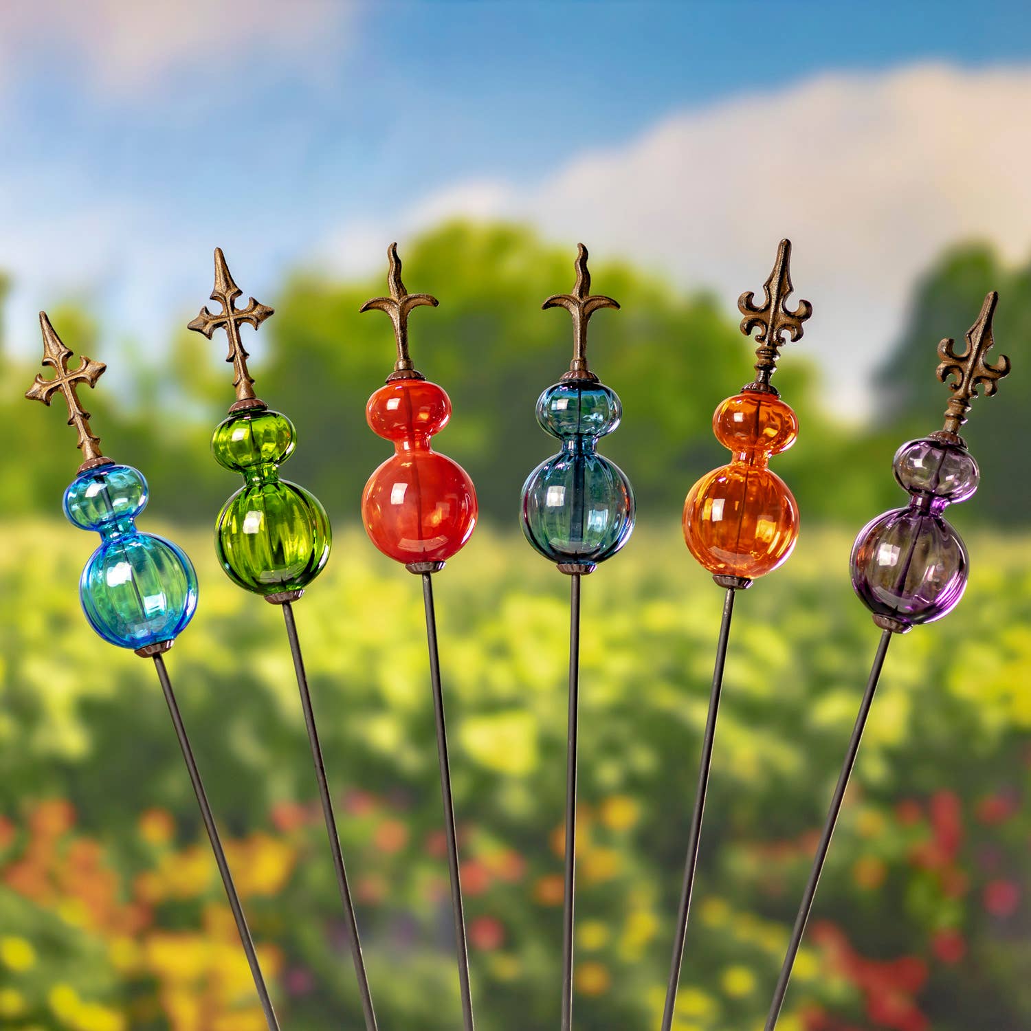 55" Tall Glass Globe Iron Garden Stake- 6 Assorted