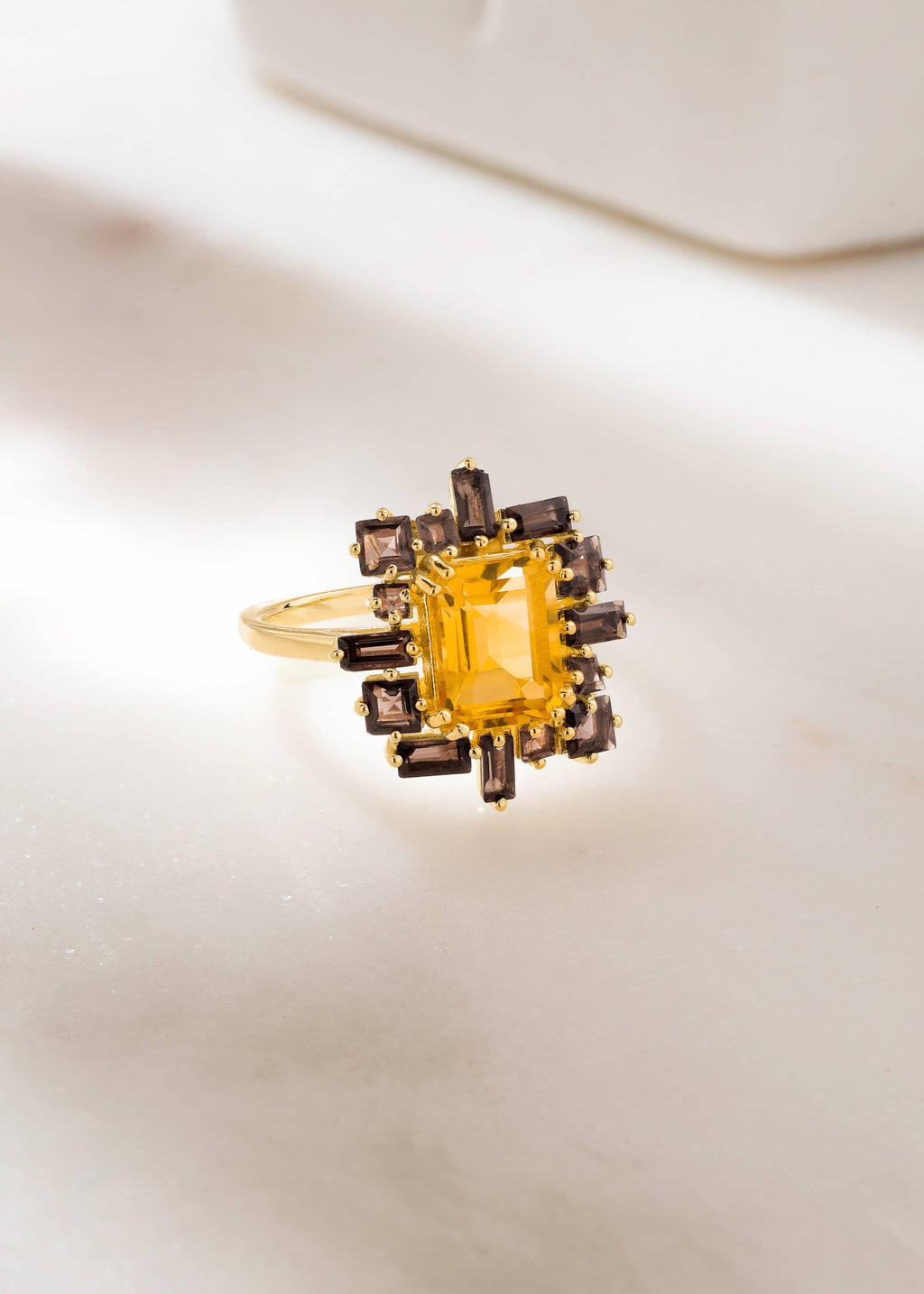 Gold Plated Silver Citrine & Smoky Quartz Halo Ring: 7