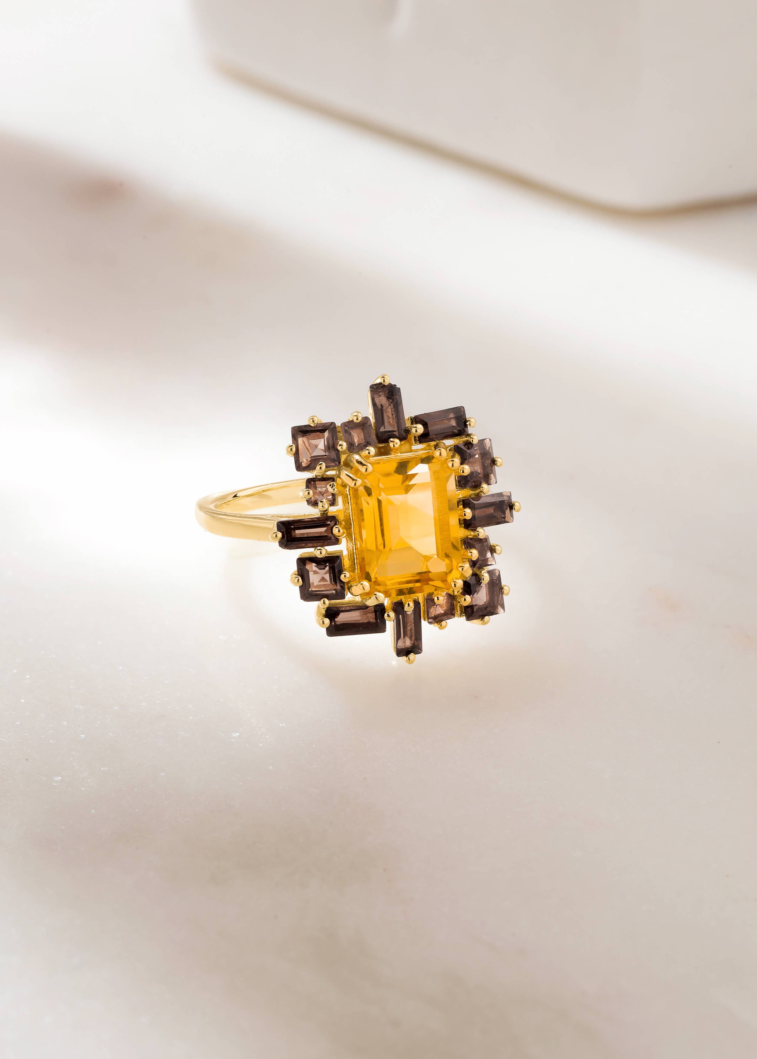 Gold Plated Silver Citrine & Smoky Quartz Halo Ring: 7