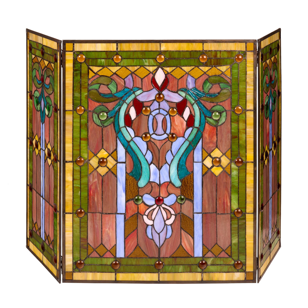44" Fleur de Lis Stained Glass Fireplace Screen