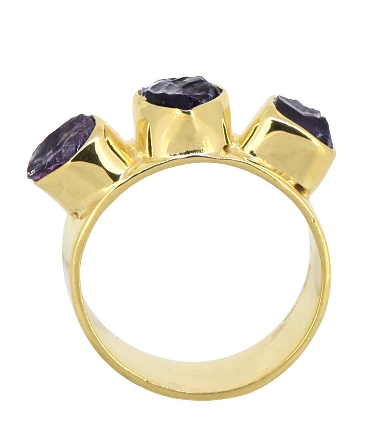 Raw Amethyst 925 Sterling Silver Wide Band Three Stone Ring: 9