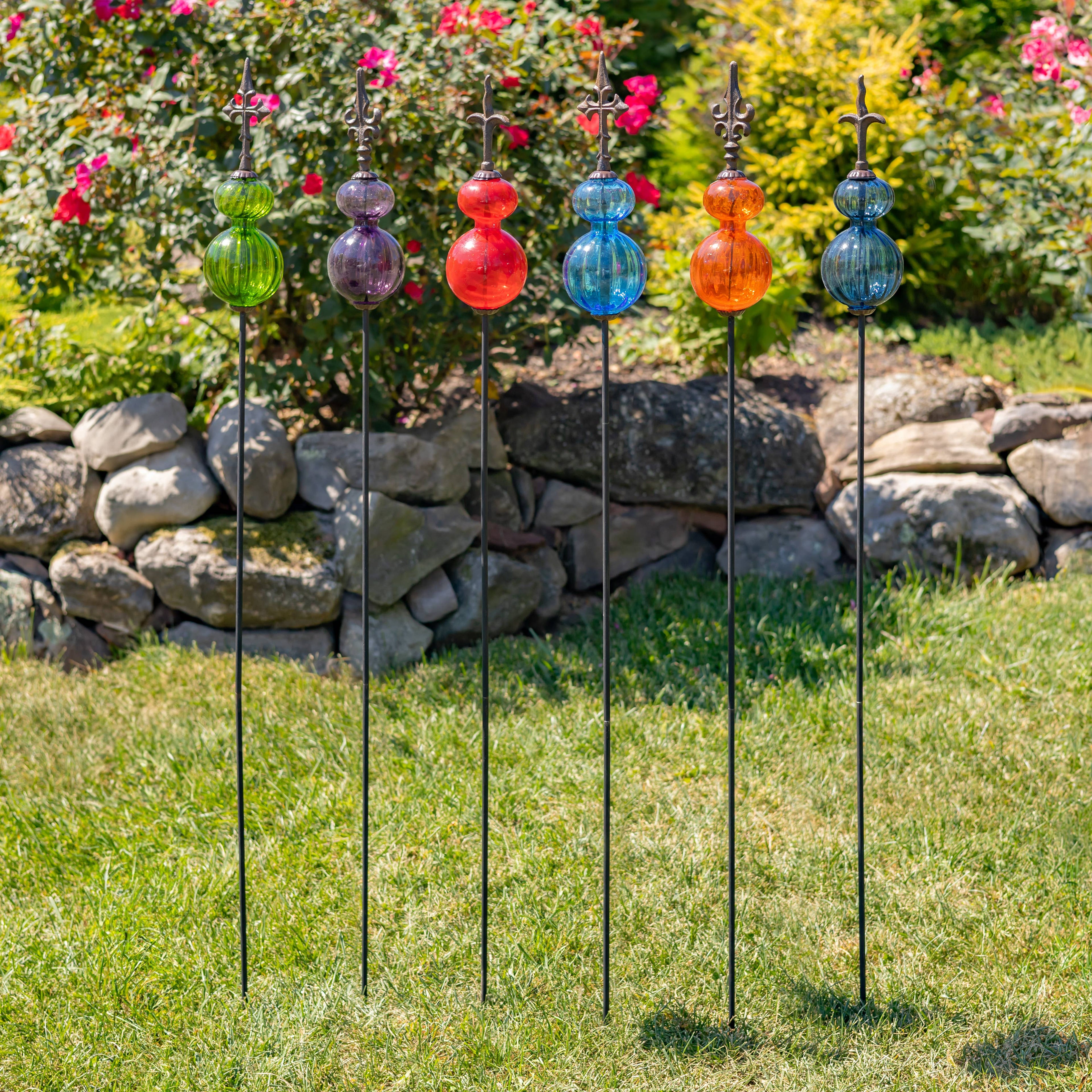 55" Tall Glass Globe Iron Garden Stake- 6 Assorted