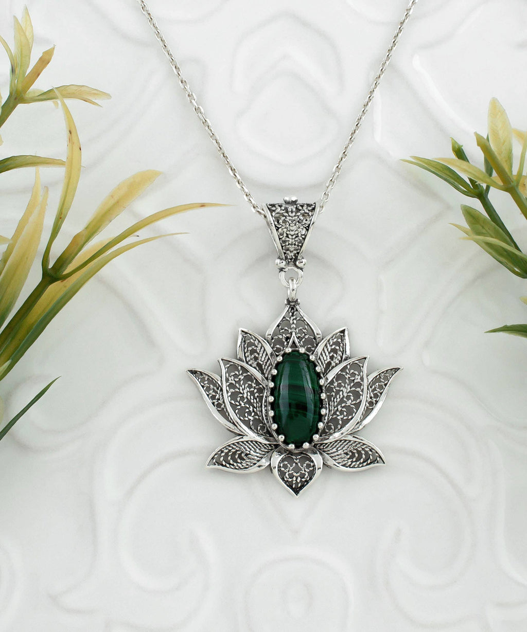 Sterling Silver Filigree Lotus Malachite Gemstone Woman Pendant Necklace: With 20" Silver Chain