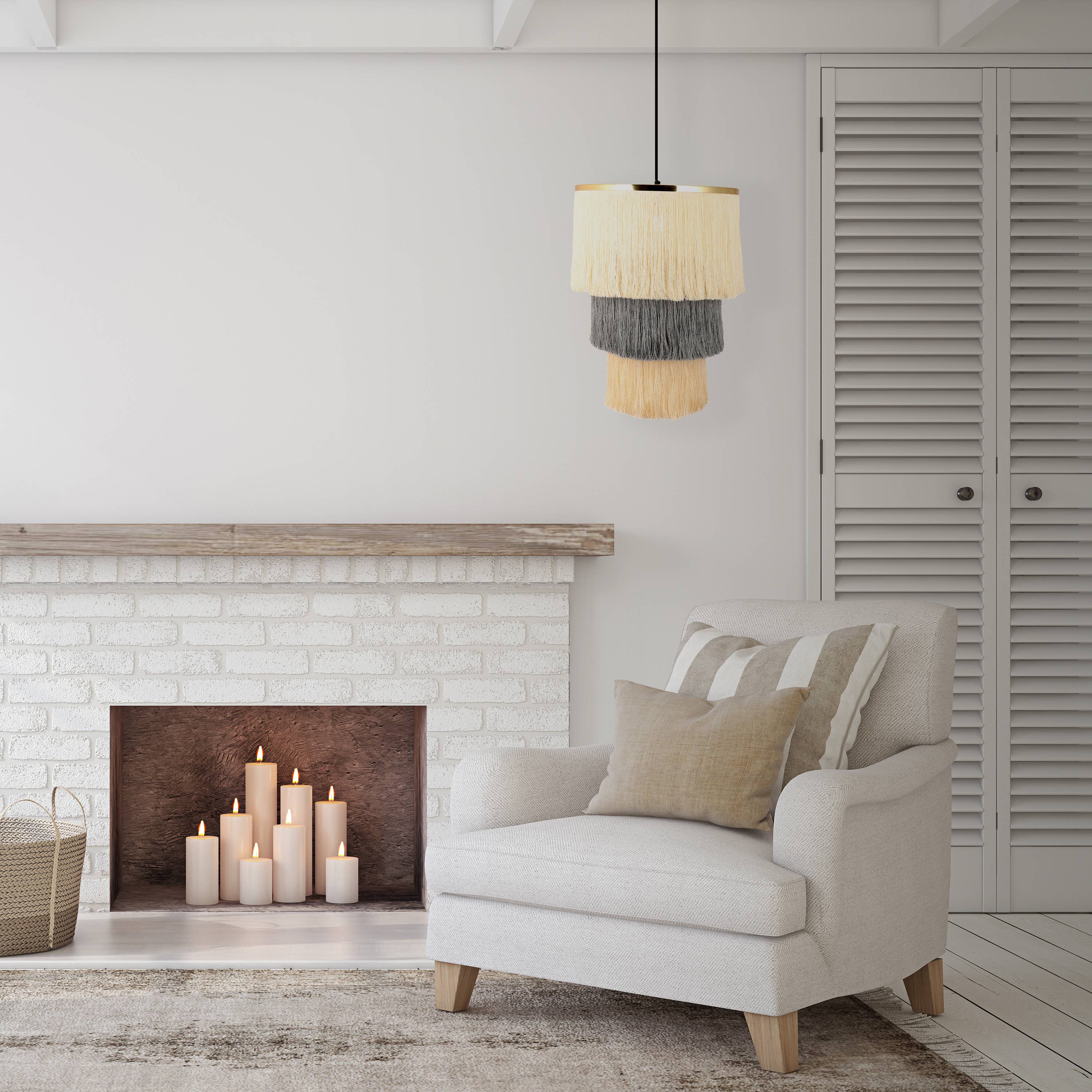 18"W Enya Cream and Grey Fringe Pendant Light