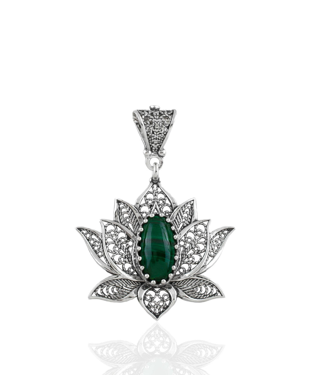 Sterling Silver Filigree Lotus Malachite Gemstone Woman Pendant Necklace: With 20" Silver Chain