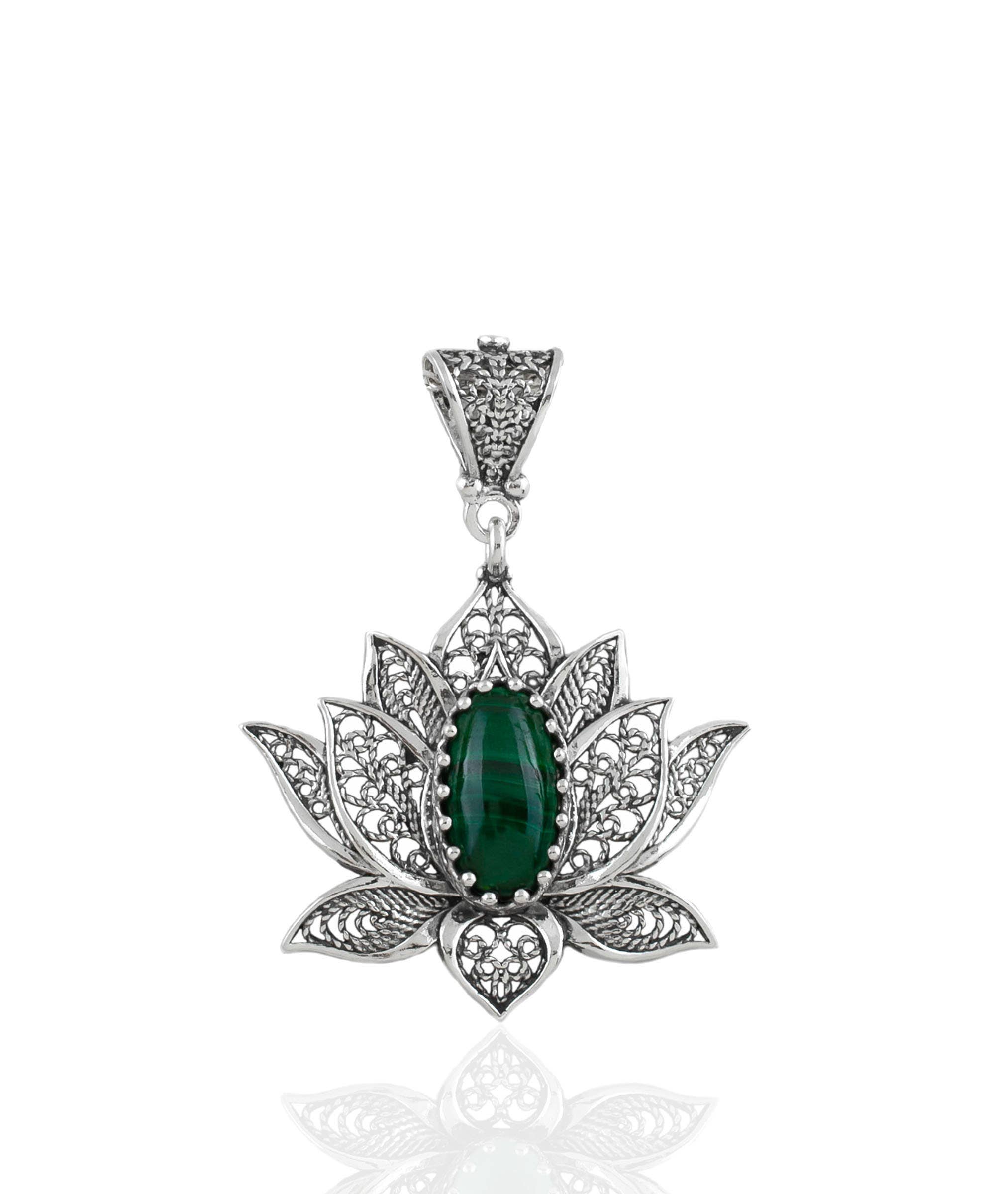 Sterling Silver Filigree Lotus Malachite Gemstone Woman Pendant Necklace: With 20" Silver Chain
