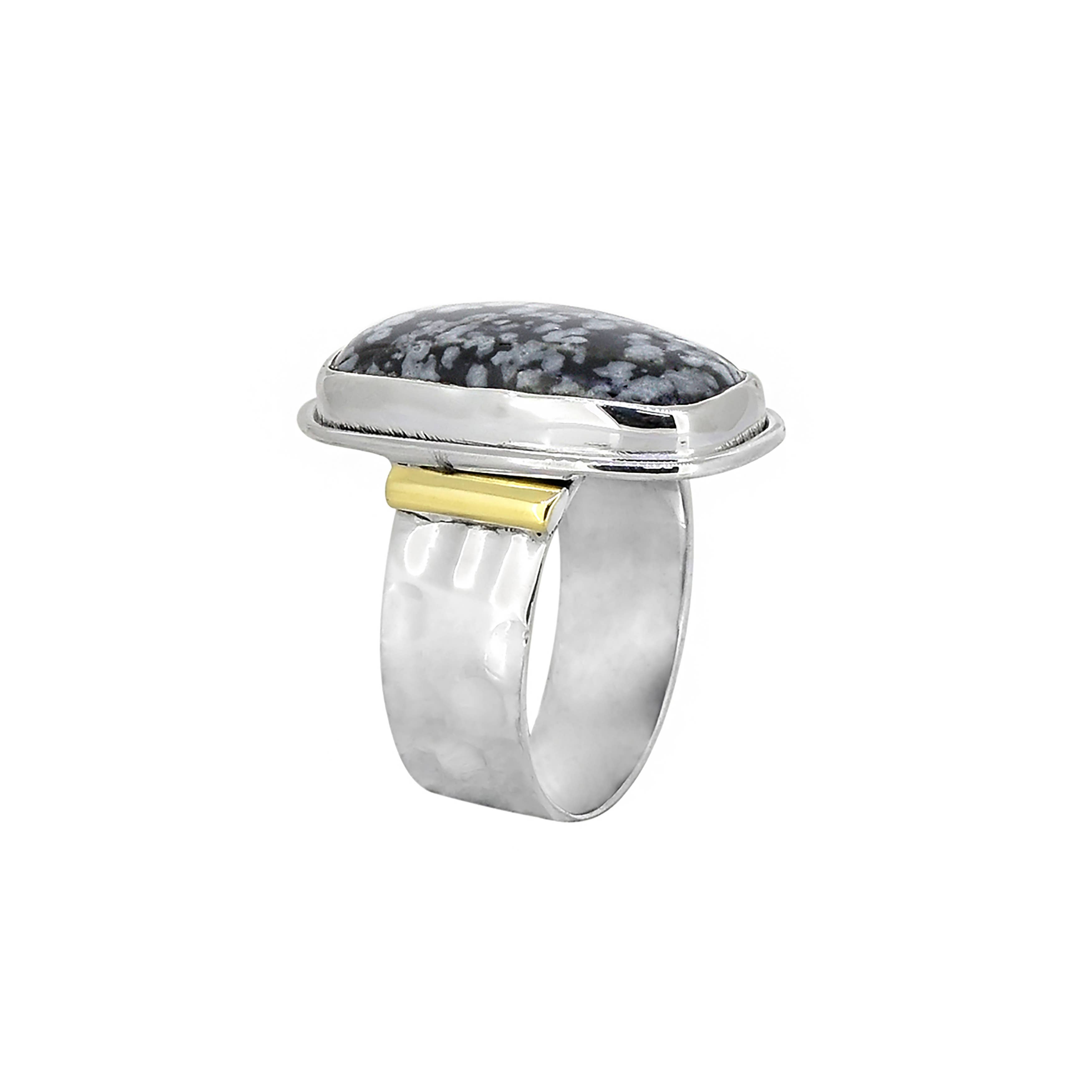 925 Silver Snowflake Obsidion Gemstone Two Tone Ring: 7