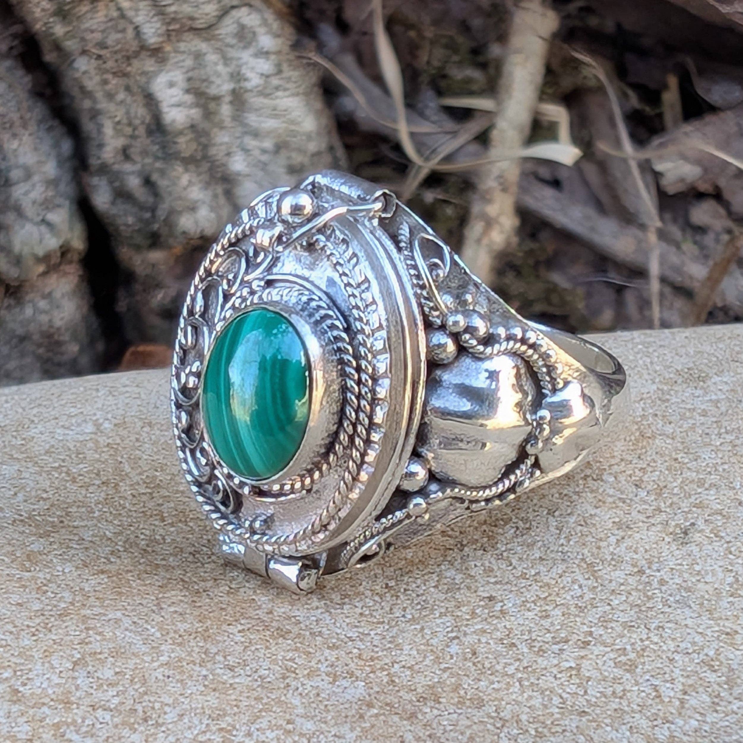 Medieval Eye - Gemstone Poison Box Locket Ring in Sterling Silver: Tiger Eye / 7