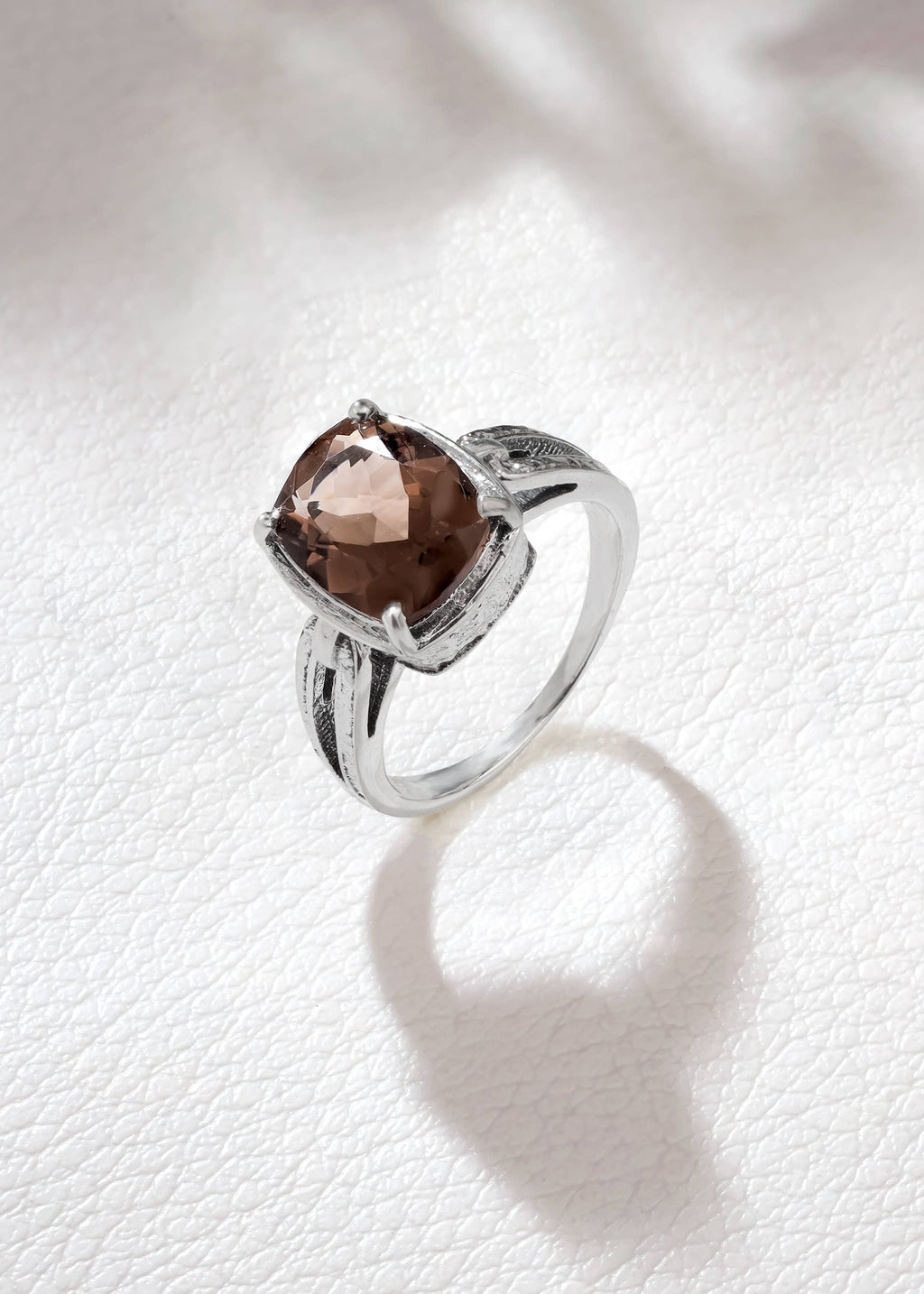 925 Silver Shadow Flame Smoky Quartz Textured Ring: 10