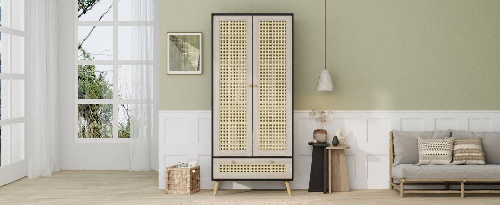 71inH Boho Rattan Armoire Wardrobe with Drawer Natural Black: Default
