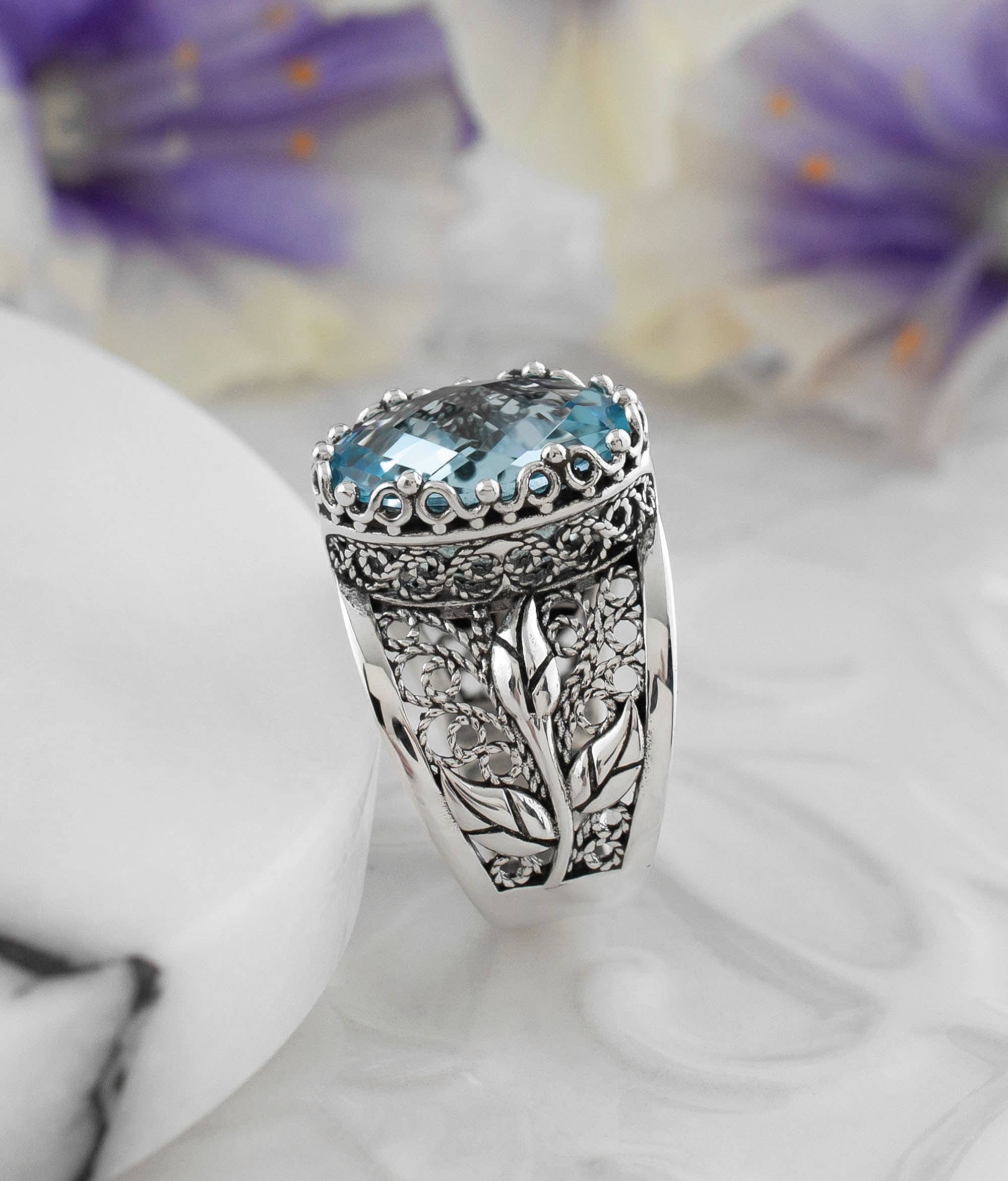 Filigree Art Blue Topaz Gemstone Tulip Detailed Women Sterling Silver Statement Ring: Blue Topaz / 10