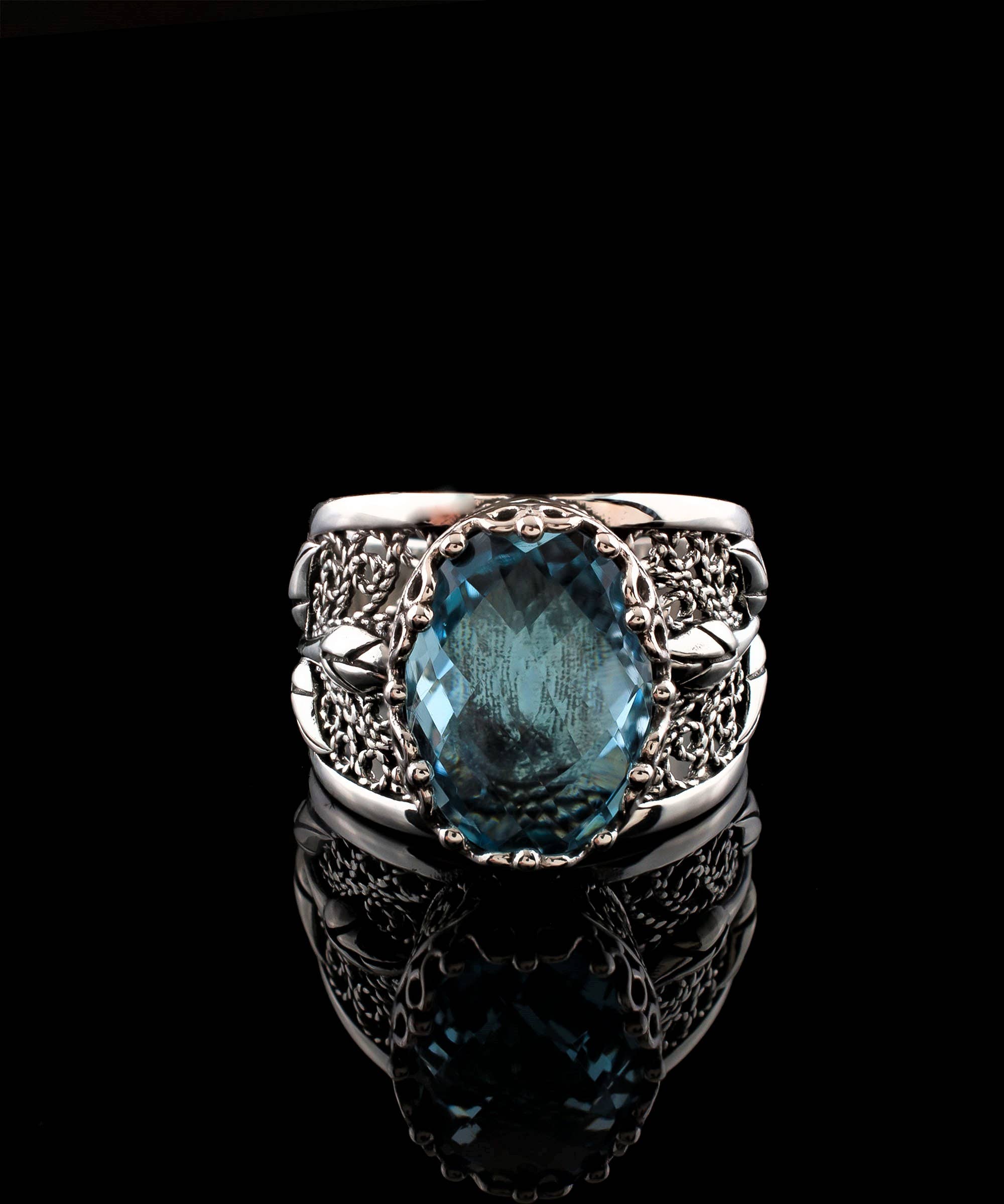 Filigree Art Blue Topaz Gemstone Tulip Detailed Women Sterling Silver Statement Ring: Blue Topaz / 10
