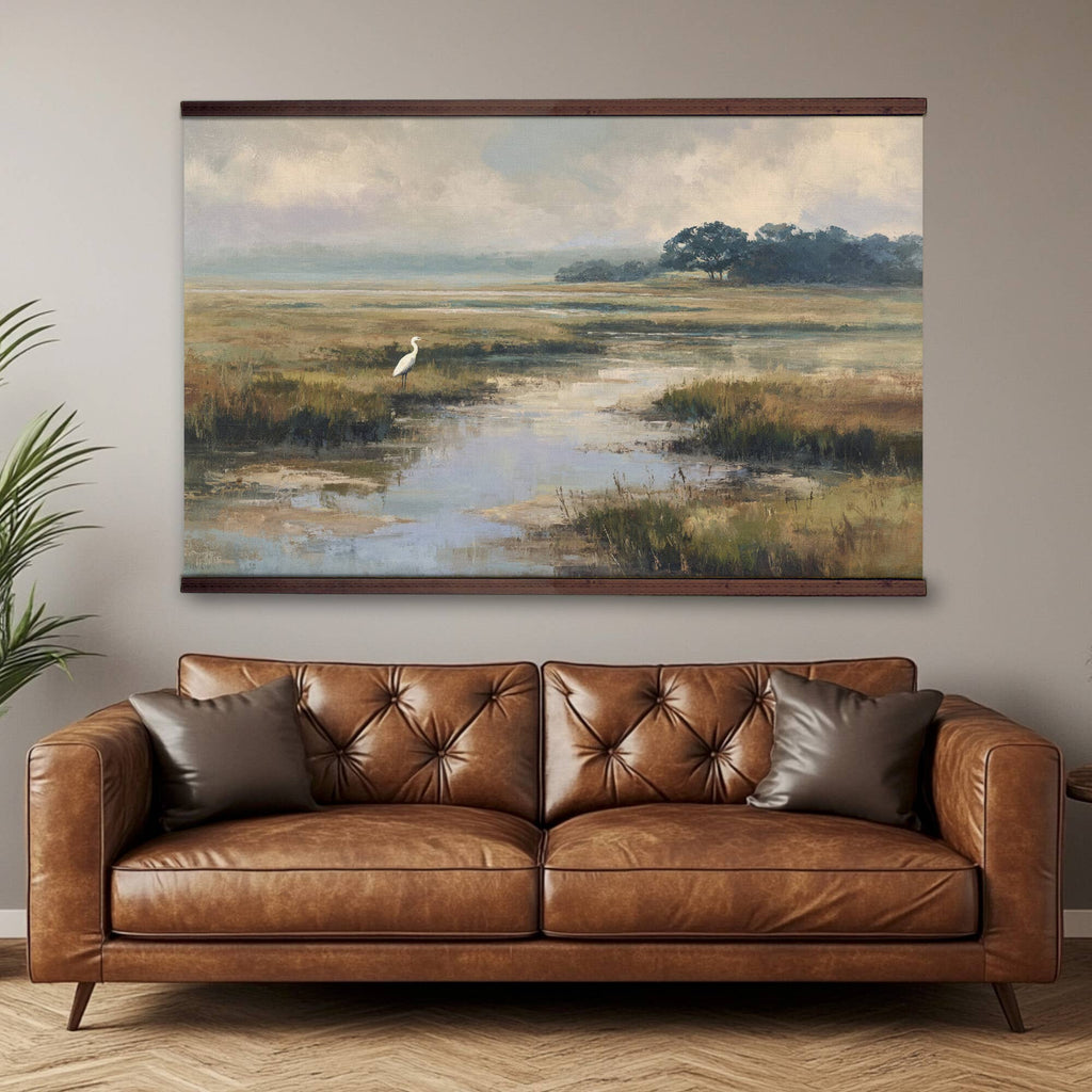 Marsh Egret Wall Art Canvas– Coastal Landscape: 32''Hx48''W