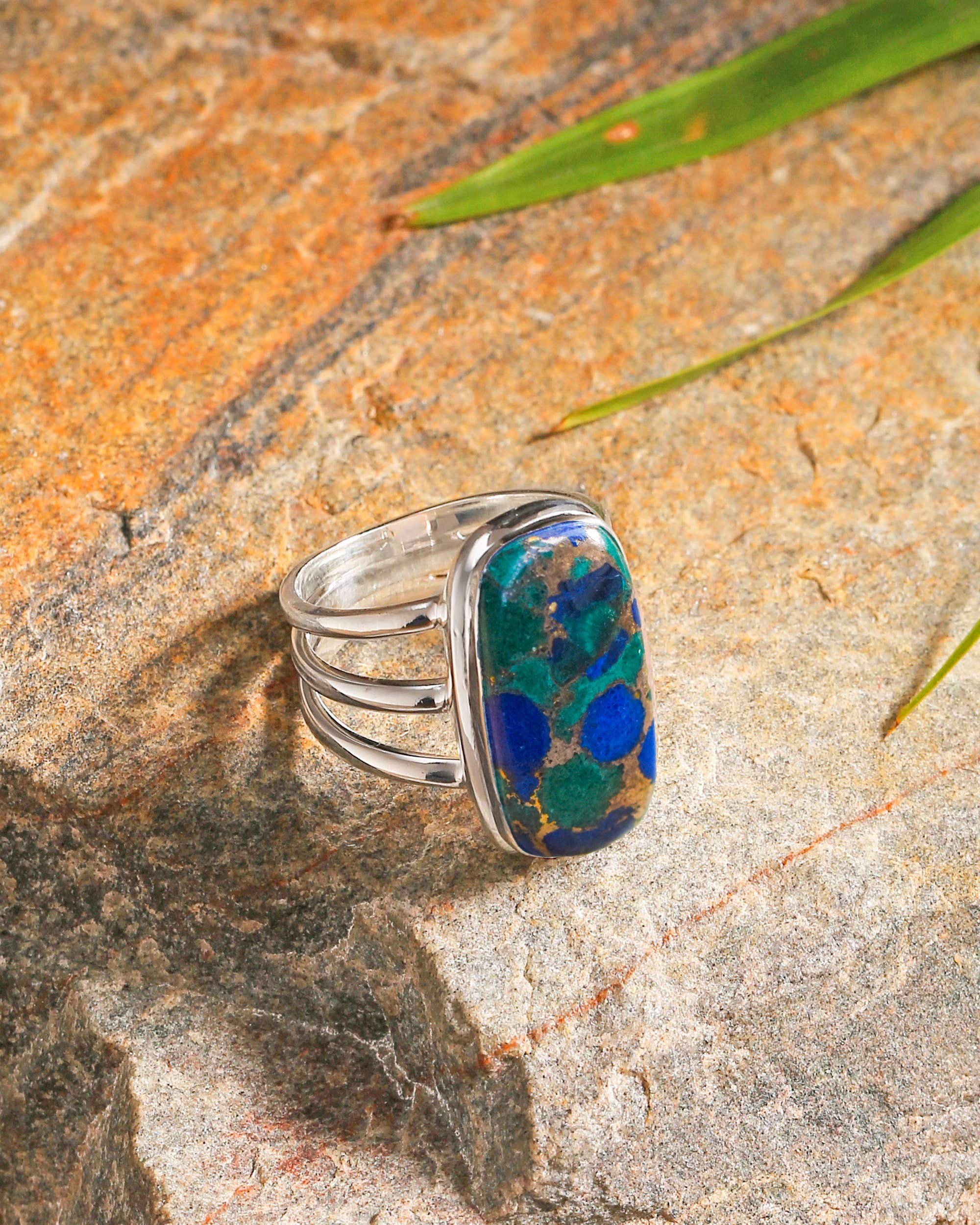 925 Sterling Silver Lapis Malachite Copper Bohemian Ring: 7
