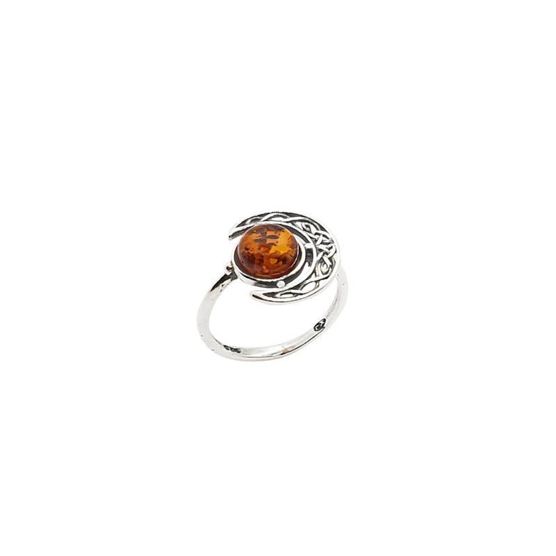 Celtic Cognac Amber Sterling Silver Moon Ring: 8