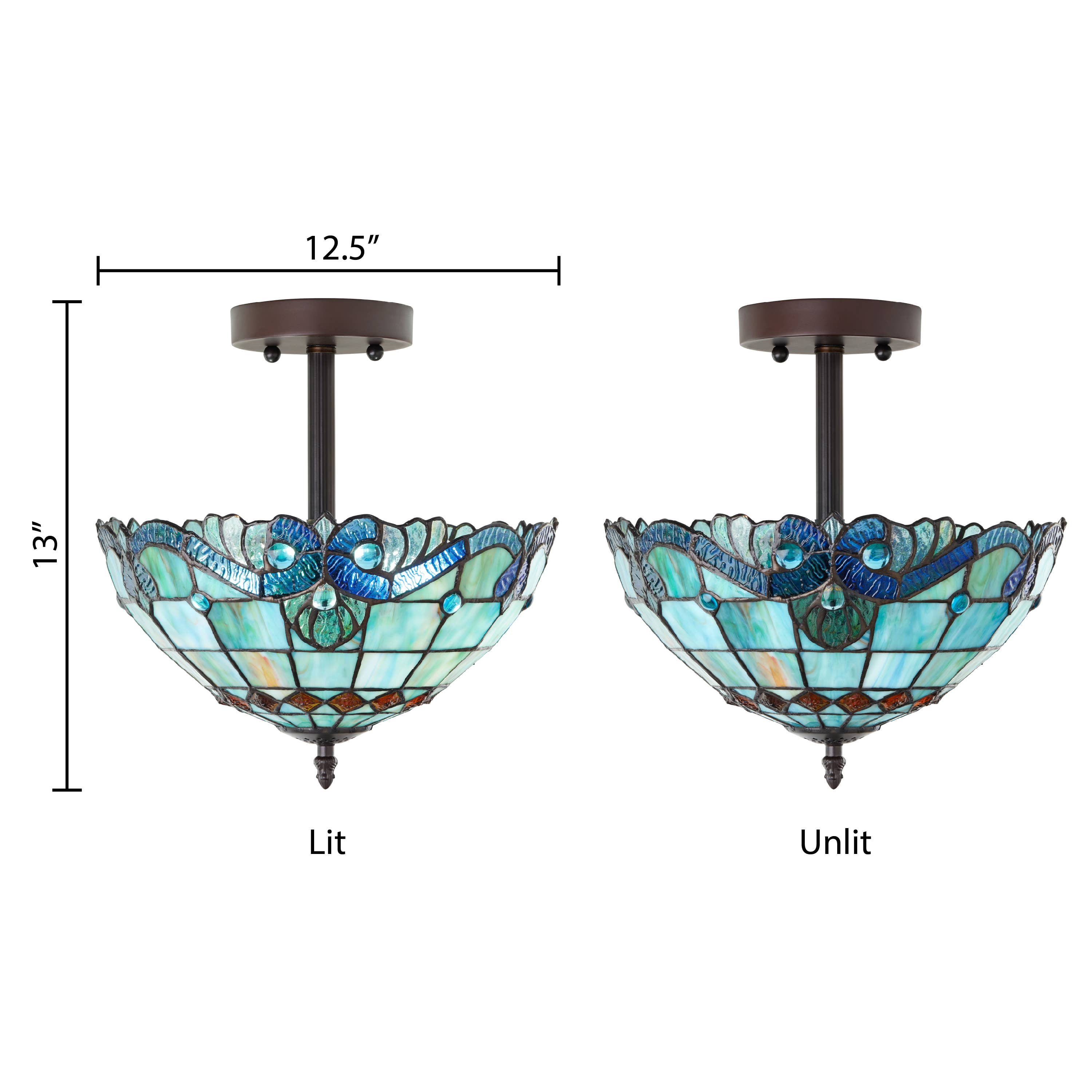13"H Amelia Blue and Amber Stained Glass Shade Ceiling Light