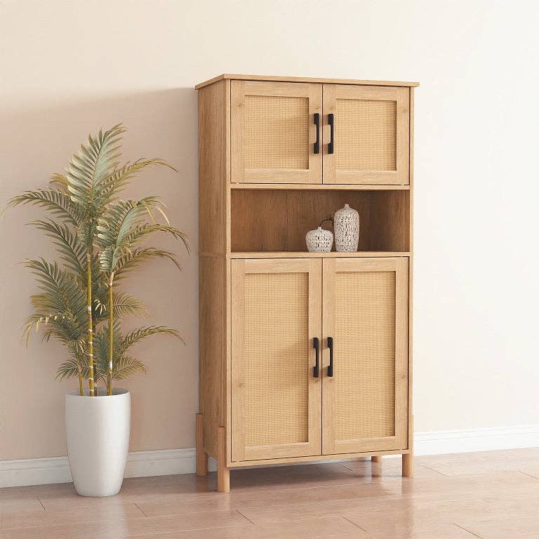 Mid-Century Modern 4-Door Storage Cabinet with Rattan Doors