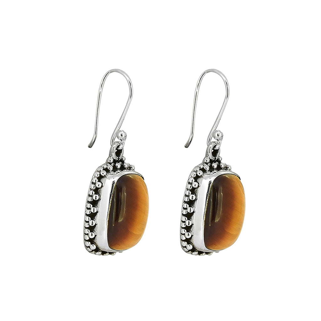 925 Sterling Silver Tiger Eye Gemstone Dangle Earrings