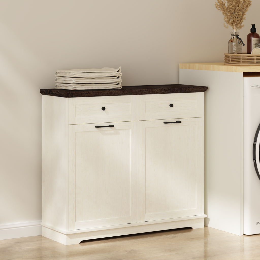 20 Gallon Double Tilt Out Trash Can Cabinet Freestanding Trash Bin Cabinet Wood Garbage Recycling Cabinet with Hideaway Drawer Pet Proof Trash Can Holder for Kitchen Living Room, Antique White: Default