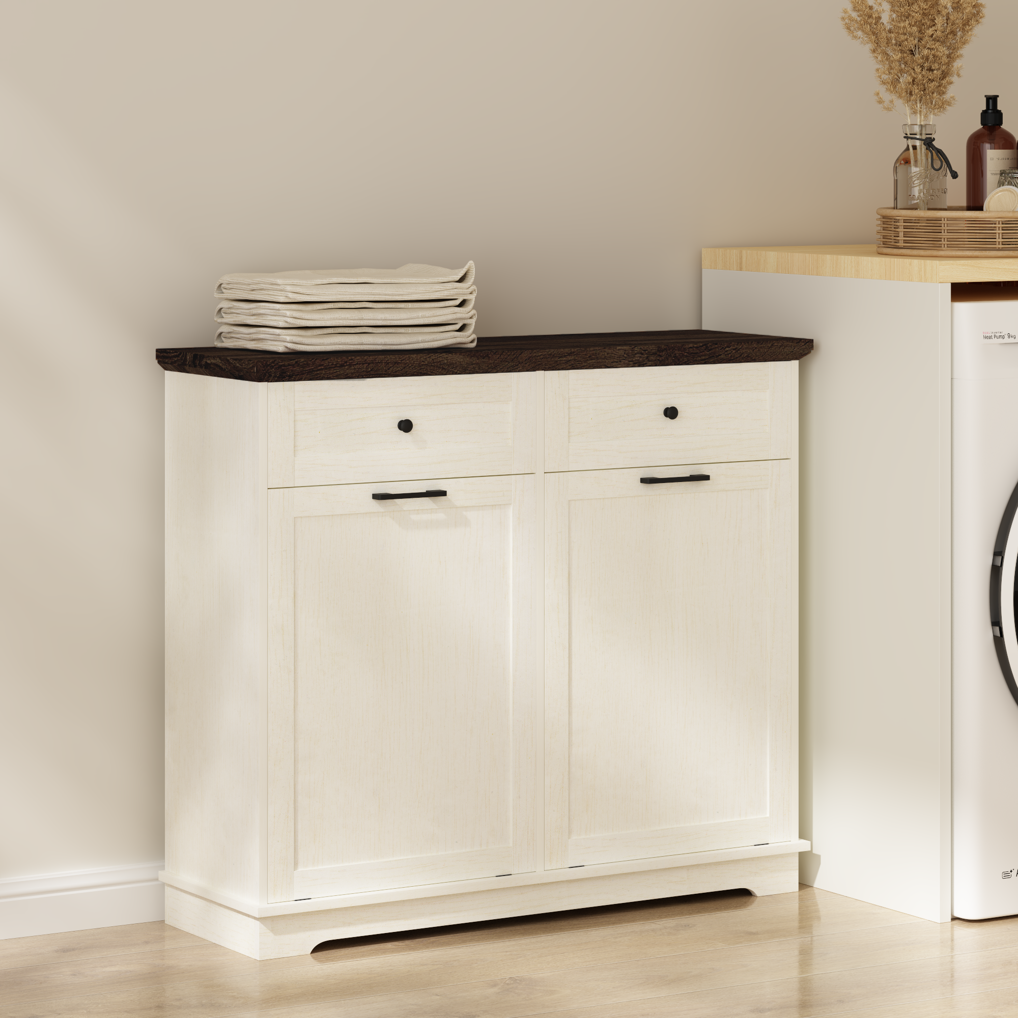 20 Gallon Double Tilt Out Trash Can Cabinet Freestanding Trash Bin Cabinet Wood Garbage Recycling Cabinet with Hideaway Drawer Pet Proof Trash Can Holder for Kitchen Living Room, Antique White: Default