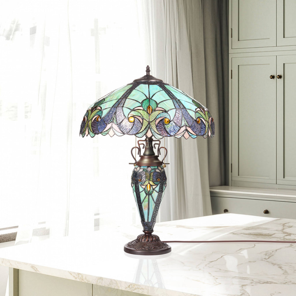 24.5"H Double Lit Teal Bowl Shade Stained Glass Table Lamp