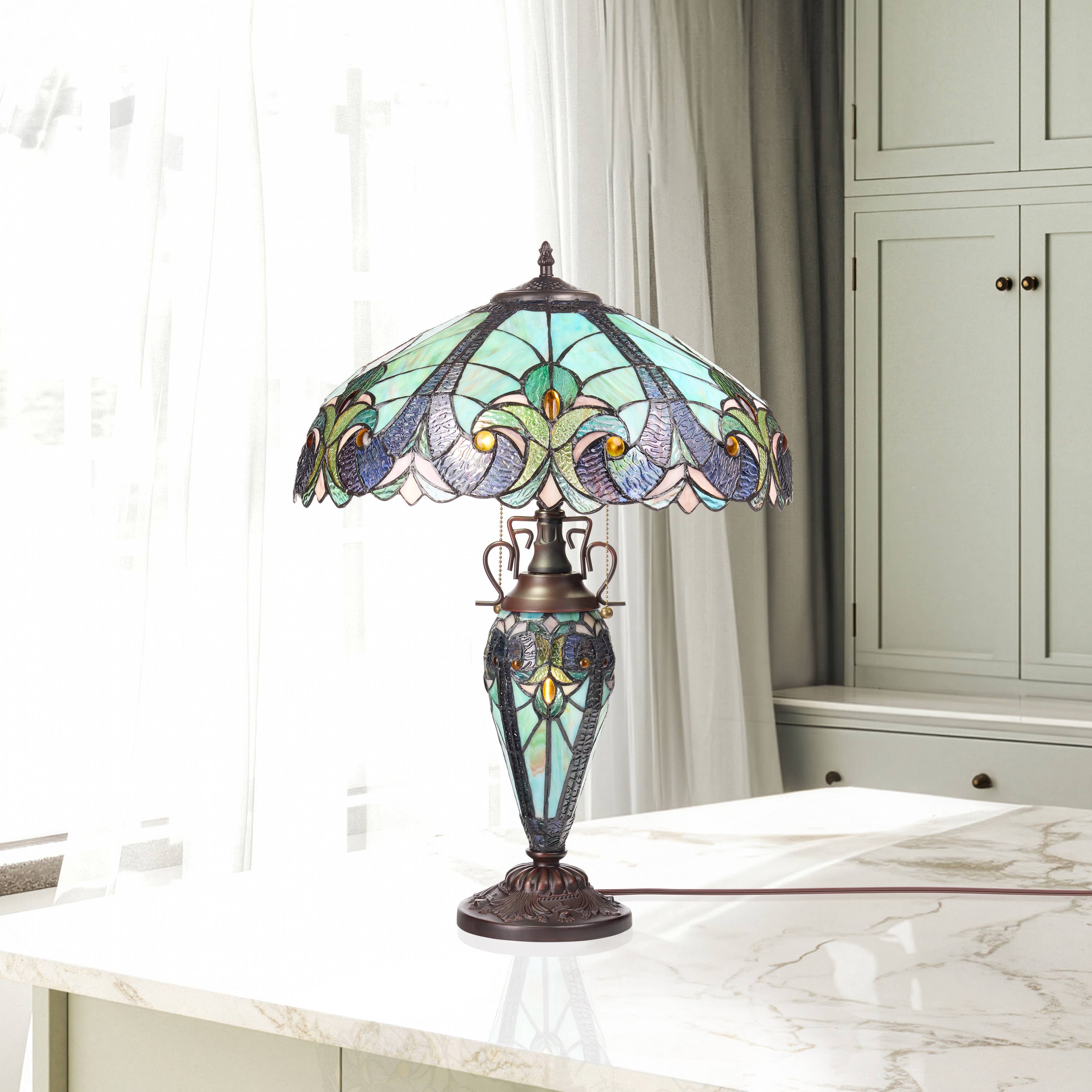 24.5"H Double Lit Teal Bowl Shade Stained Glass Table Lamp
