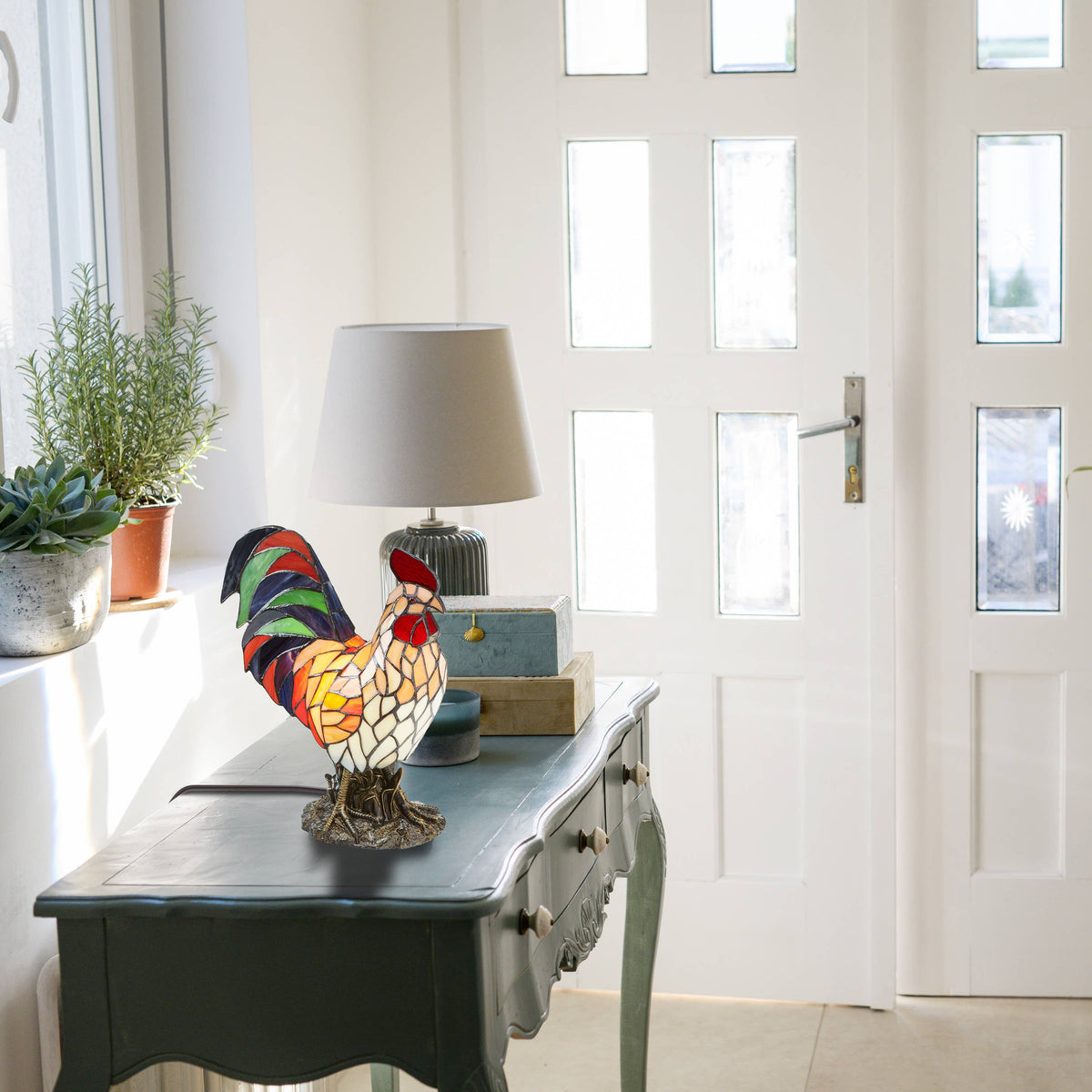 15" Tiffany-Style Rooster Multi-Color Novelty Accent Lamp