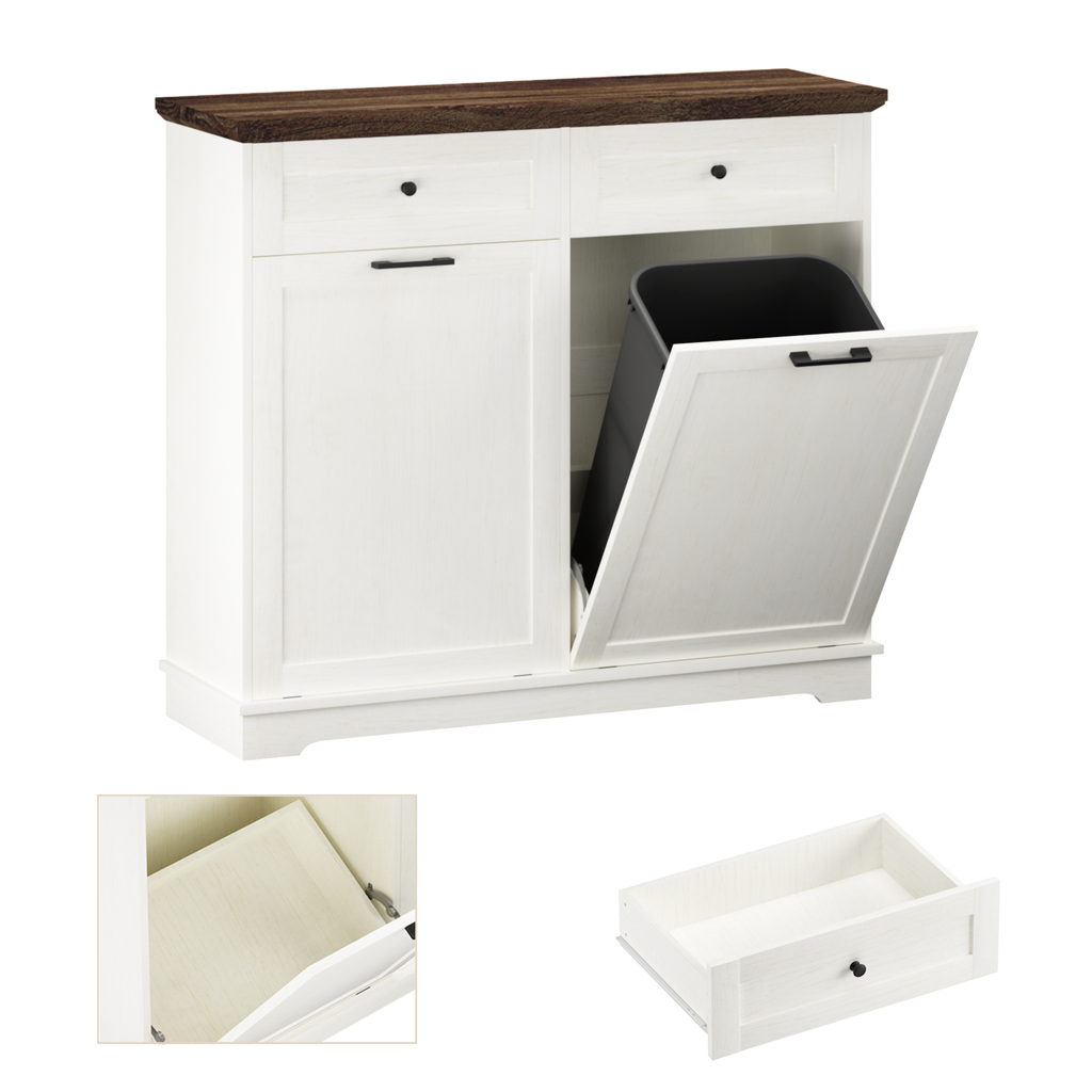 20 Gallon Double Tilt Out Trash Can Cabinet Freestanding Trash Bin Cabinet Wood Garbage Recycling Cabinet with Hideaway Drawer Pet Proof Trash Can Holder for Kitchen Living Room, Antique White: Default