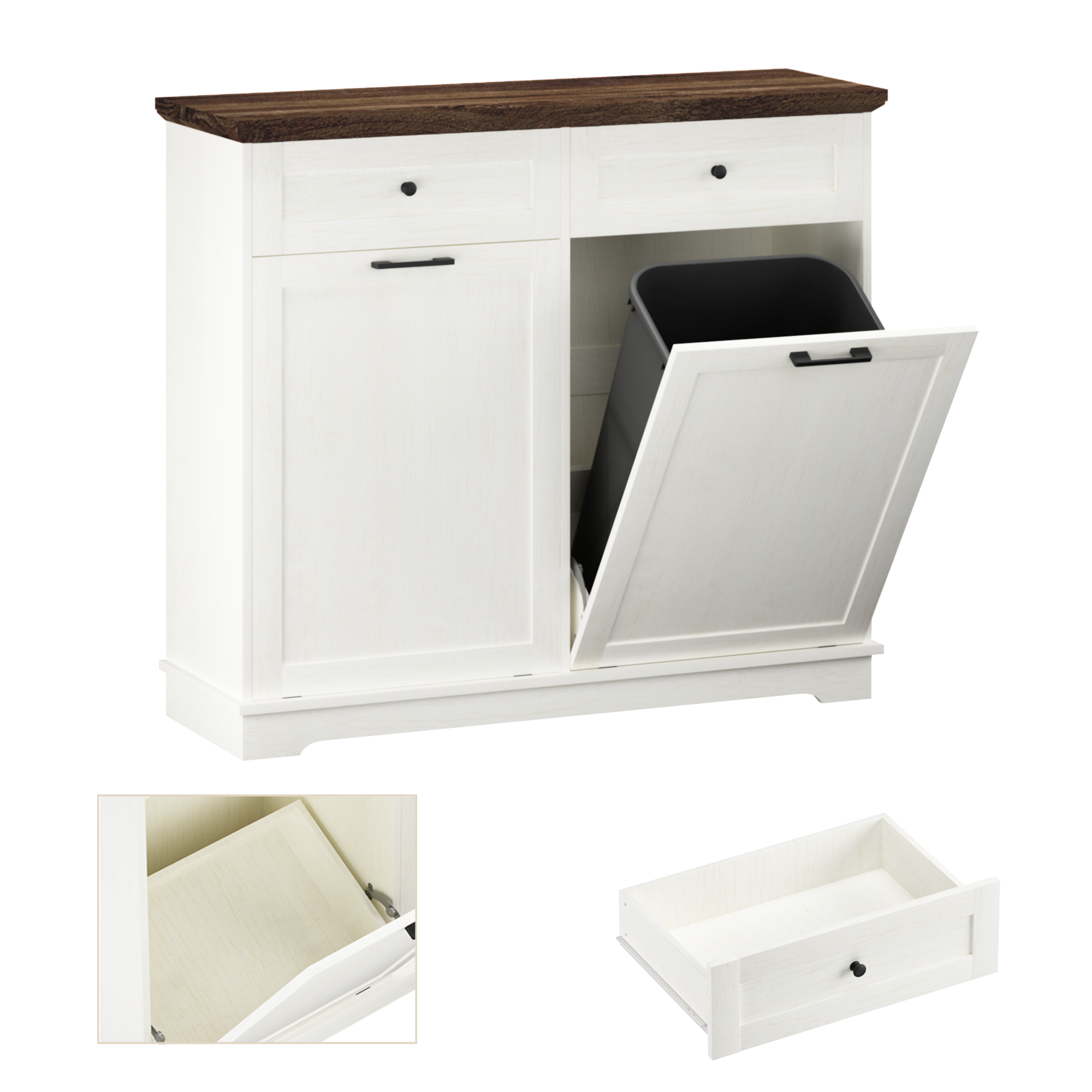 20 Gallon Double Tilt Out Trash Can Cabinet Freestanding Trash Bin Cabinet Wood Garbage Recycling Cabinet with Hideaway Drawer Pet Proof Trash Can Holder for Kitchen Living Room, Antique White: Default