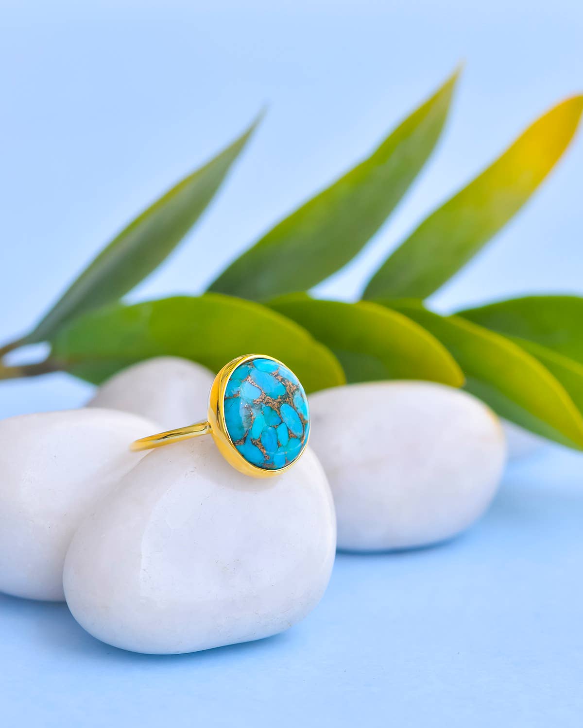 Blue Copper Turquoise Gold Plated Over Sterling Silver Ring: 7