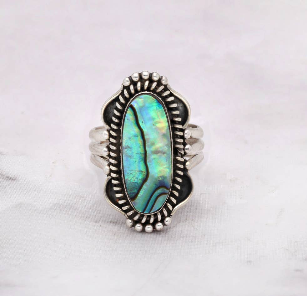 Sculpted 925 Sterling Silver Mystic Tides Abalone Shell Ring: 9