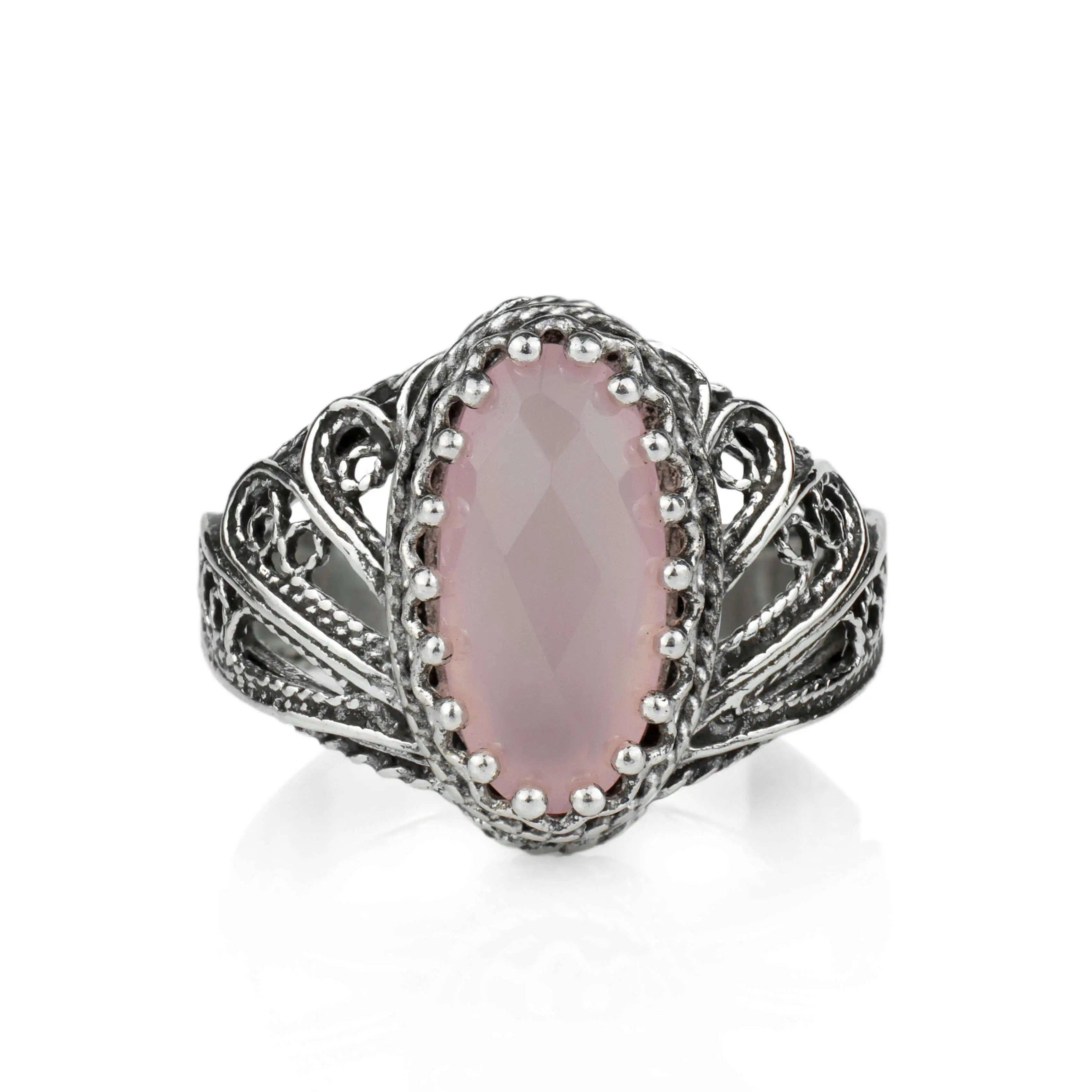 Art Pink Chalcedony Gemstone Angel Wings Women Silver Ring: Pink Chalcedony / 8