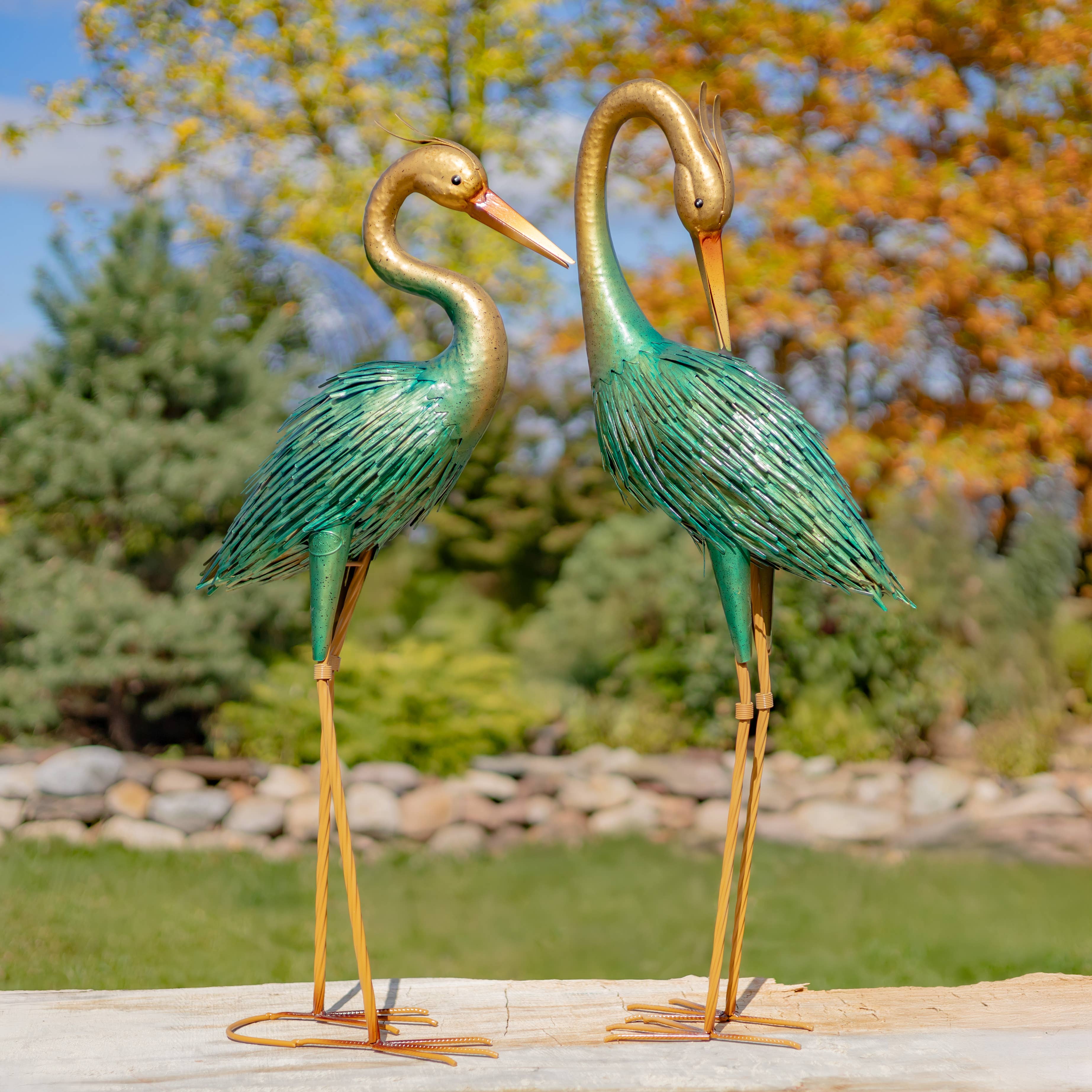 41" Tall Metallic Heron Garden Figurines with Gold Heads
