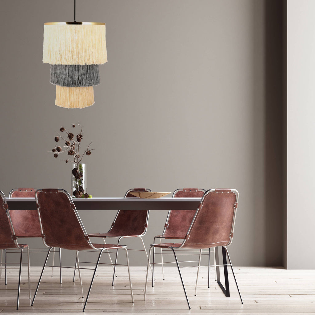 18"W Enya Cream and Grey Fringe Pendant Light