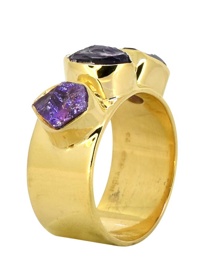 Raw Amethyst 925 Sterling Silver Wide Band Three Stone Ring: 9