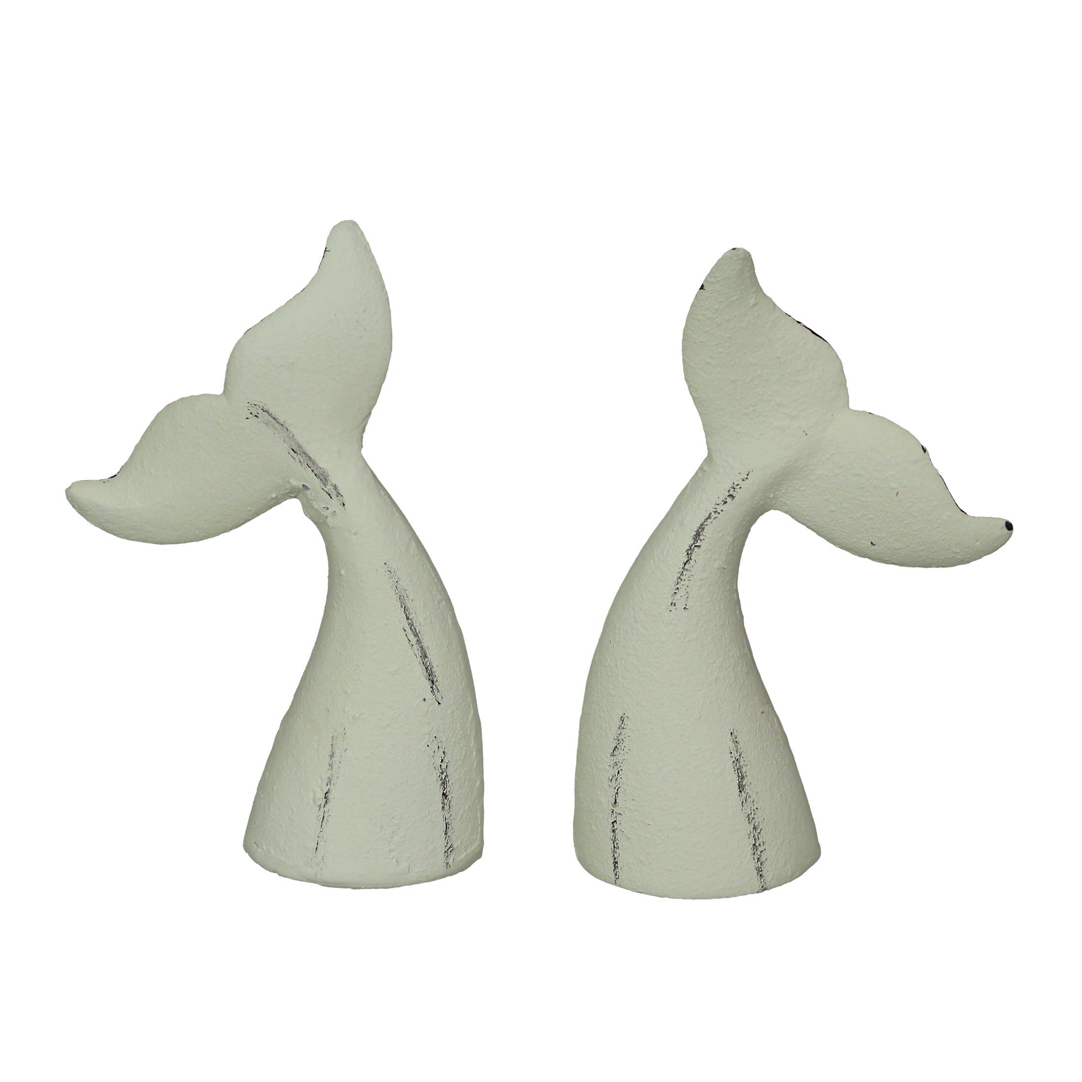 Set of 2 White Cast Iron Whale Tail Bookends