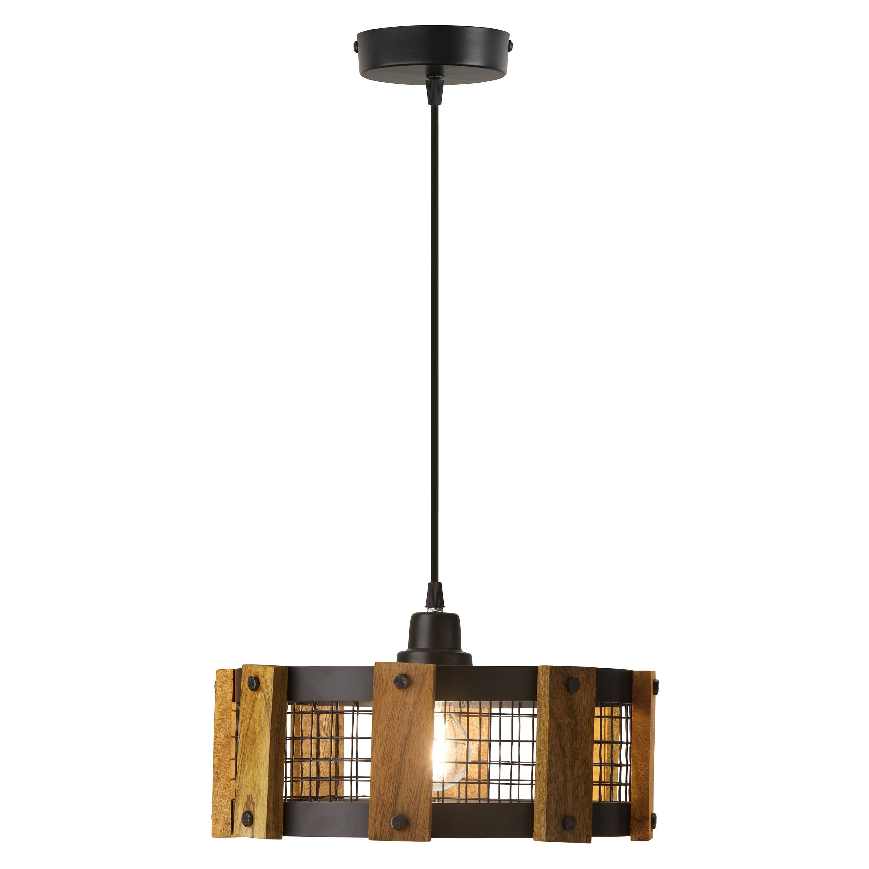 12"W Black Painted Metal Pendant Light with Wood Shade