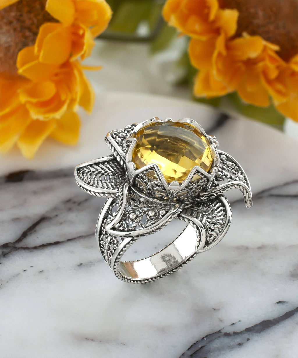 Art Lotus Flower Citrine Gemstone Women Silver Ring: 7
